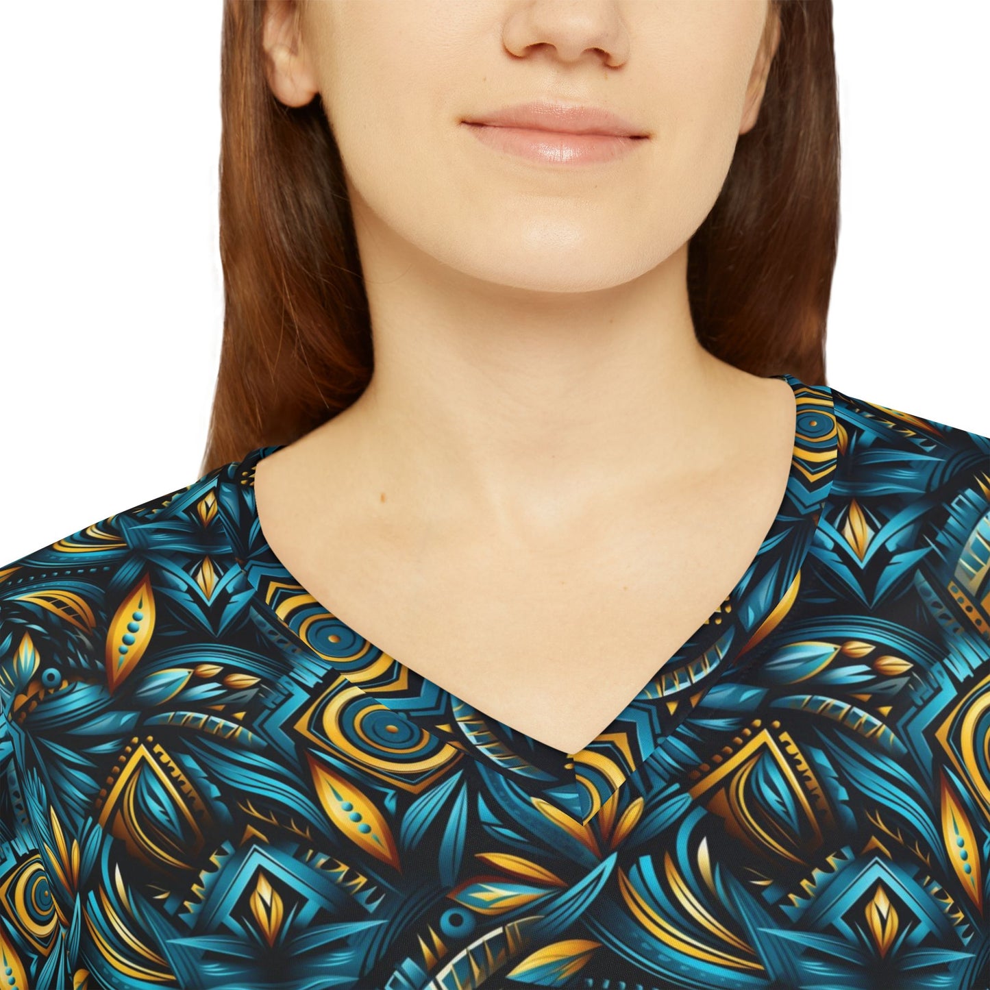 Women's V‑Neck Long Sleeve Shirt — Teal & Gold Abstract Floral All-Over Print | With PMF Truth + Faith logo on Right Sleeve | PeaceMonkFinds