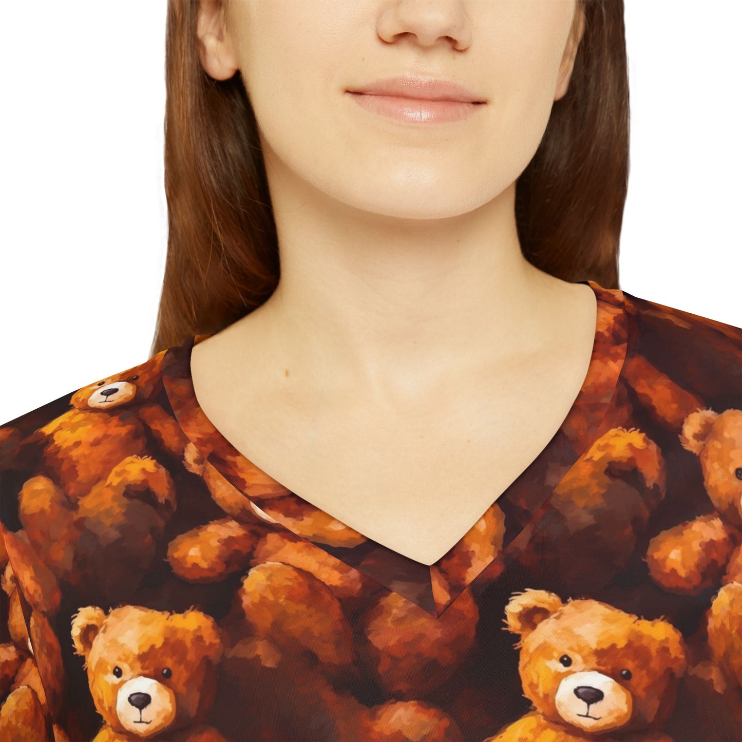 Teddy Bear Print V-Neck Long Sleeve Shirt | With PMF Truth + Faith logo on Right Sleeve | PeaceMonkFinds