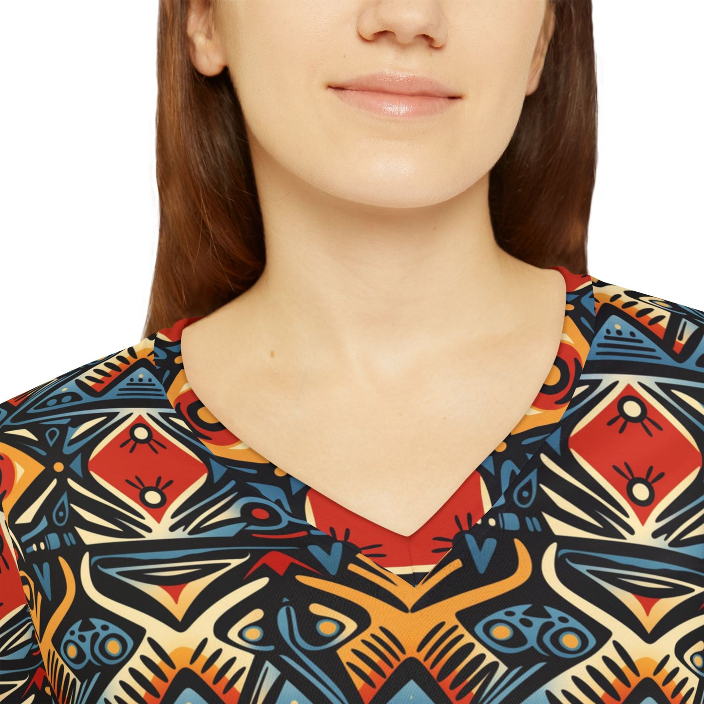 Tribal Geo Print Women's V-Neck Long Sleeve Shirt | With PMF Truth + Faith logo on Right Sleeve