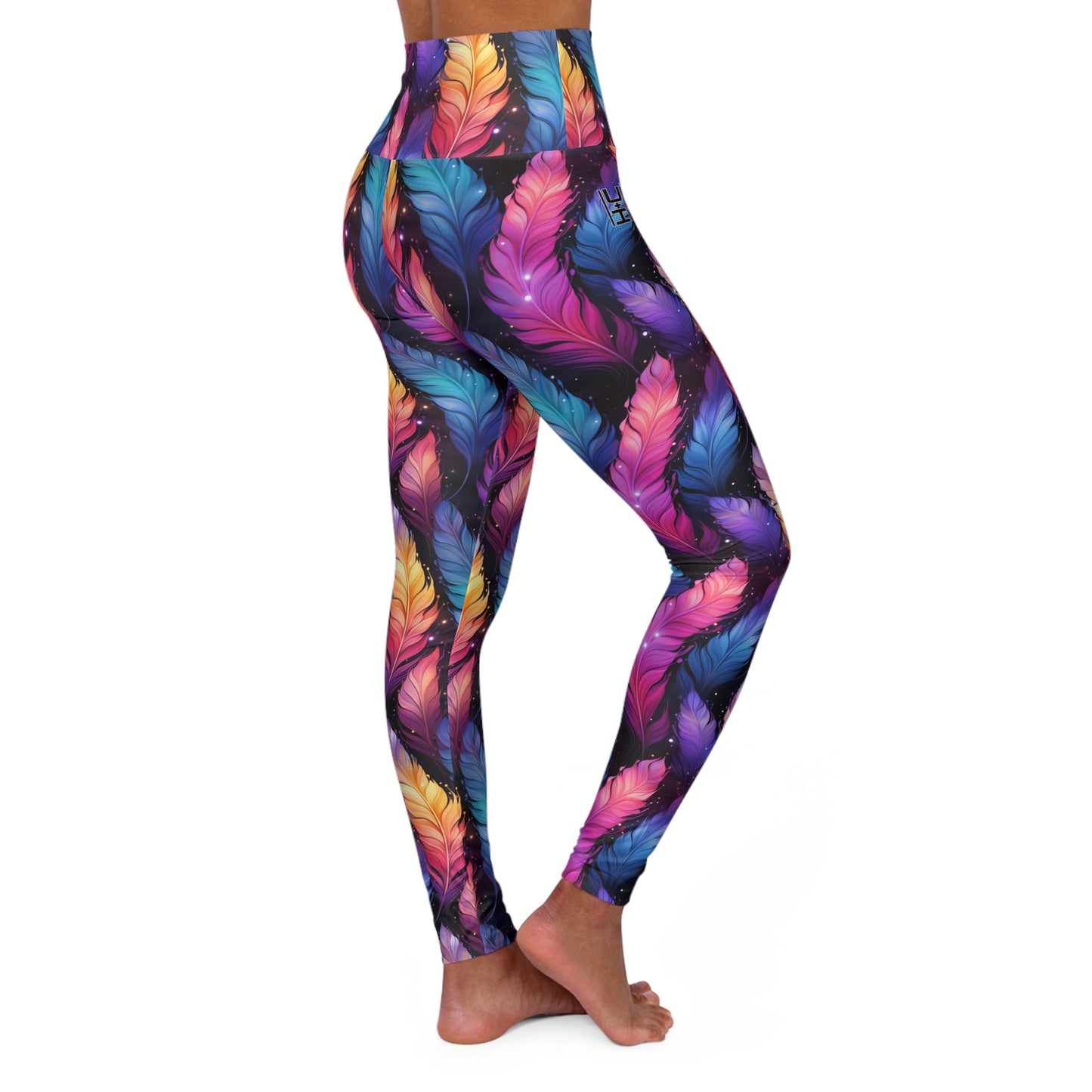 "U+I" High-Waisted Yoga Leggings — Colorful Feather All-Over Print | With PMF Truth + Faith logo on Right Sleeve | PeaceMonkFinds