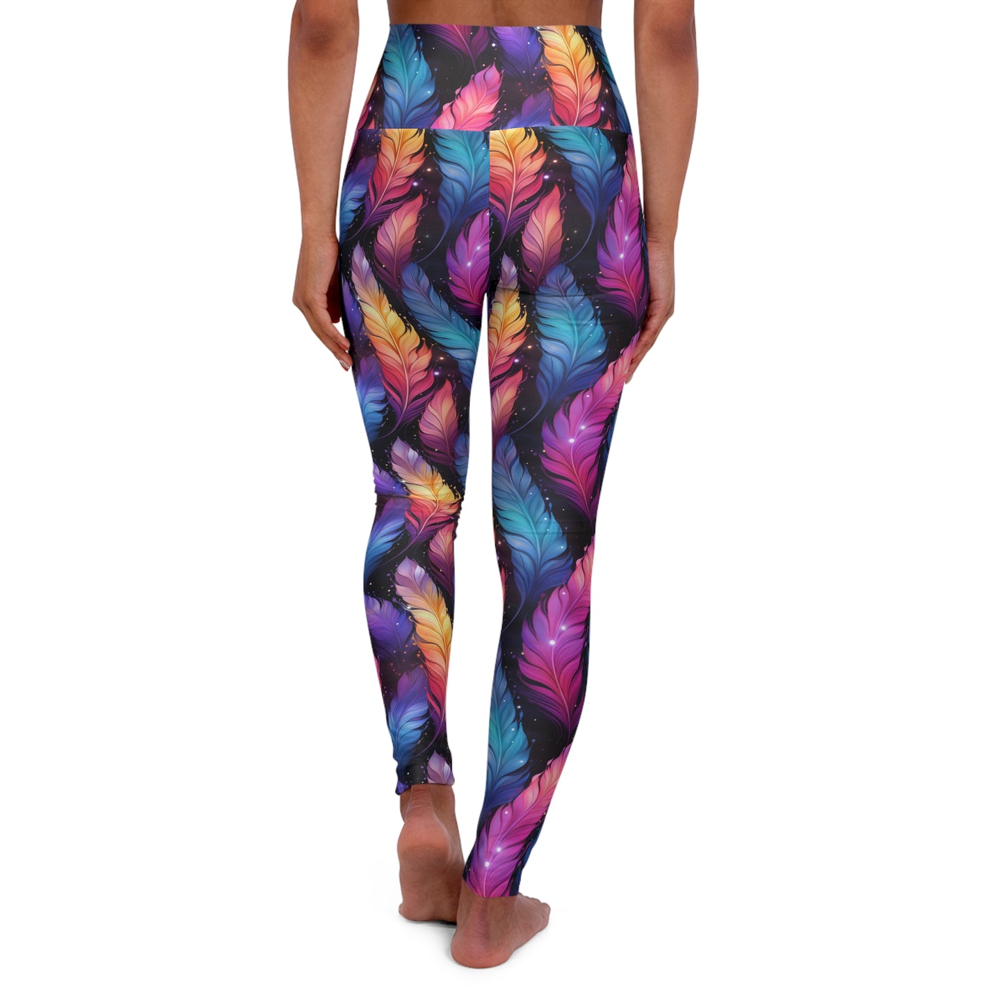"U+I" High-Waisted Yoga Leggings — Colorful Feather All-Over Print | With PMF Truth + Faith logo on Right Sleeve | PeaceMonkFinds