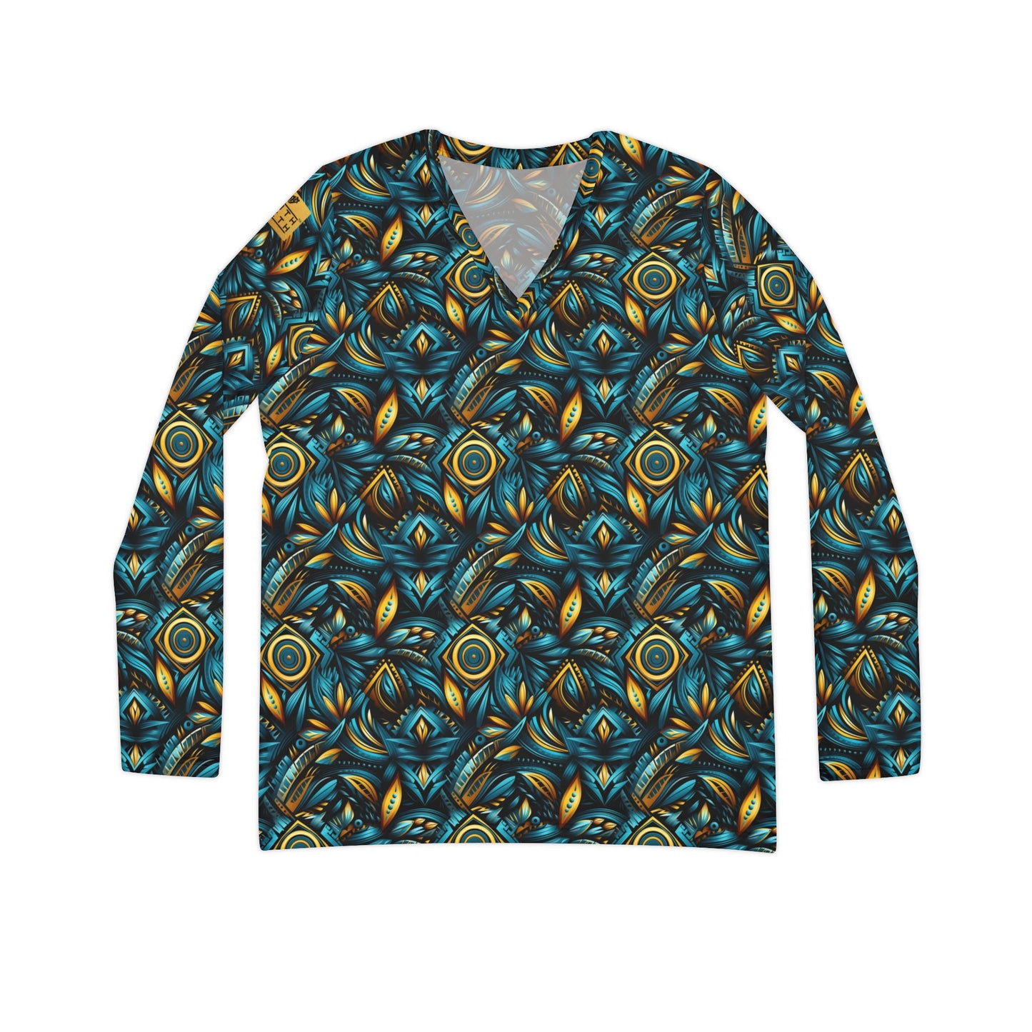 Women's V‑Neck Long Sleeve Shirt — Teal & Gold Abstract Floral All-Over Print | With PMF Truth + Faith logo on Right Sleeve | PeaceMonkFinds