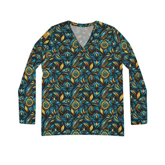 Women's V‑Neck Long Sleeve Shirt — Teal & Gold Abstract Floral All-Over Print | With PMF Truth + Faith logo on Right Sleeve | PeaceMonkFinds