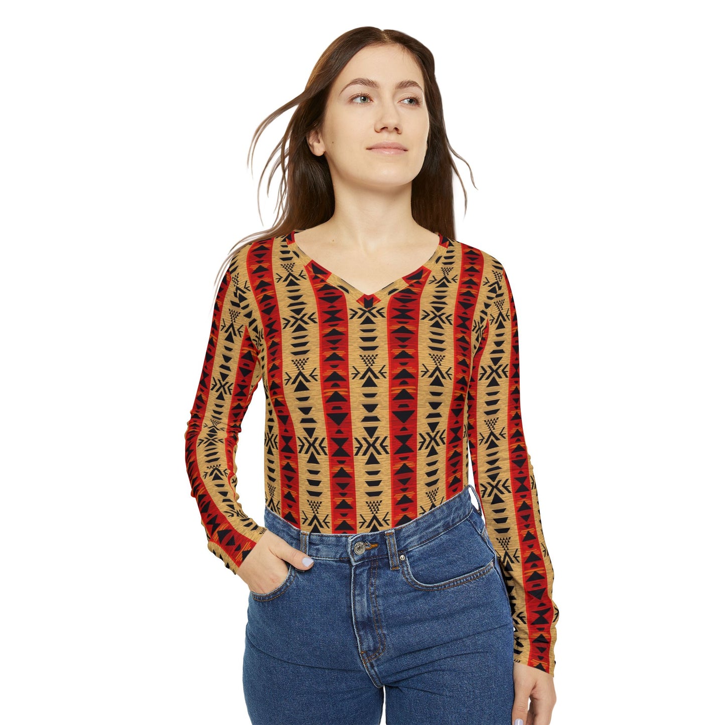 Aztec Stripe V-Neck Long Sleeve | With PMF Truth + Faith logo on Right Sleeve | PeaceMonkFinds