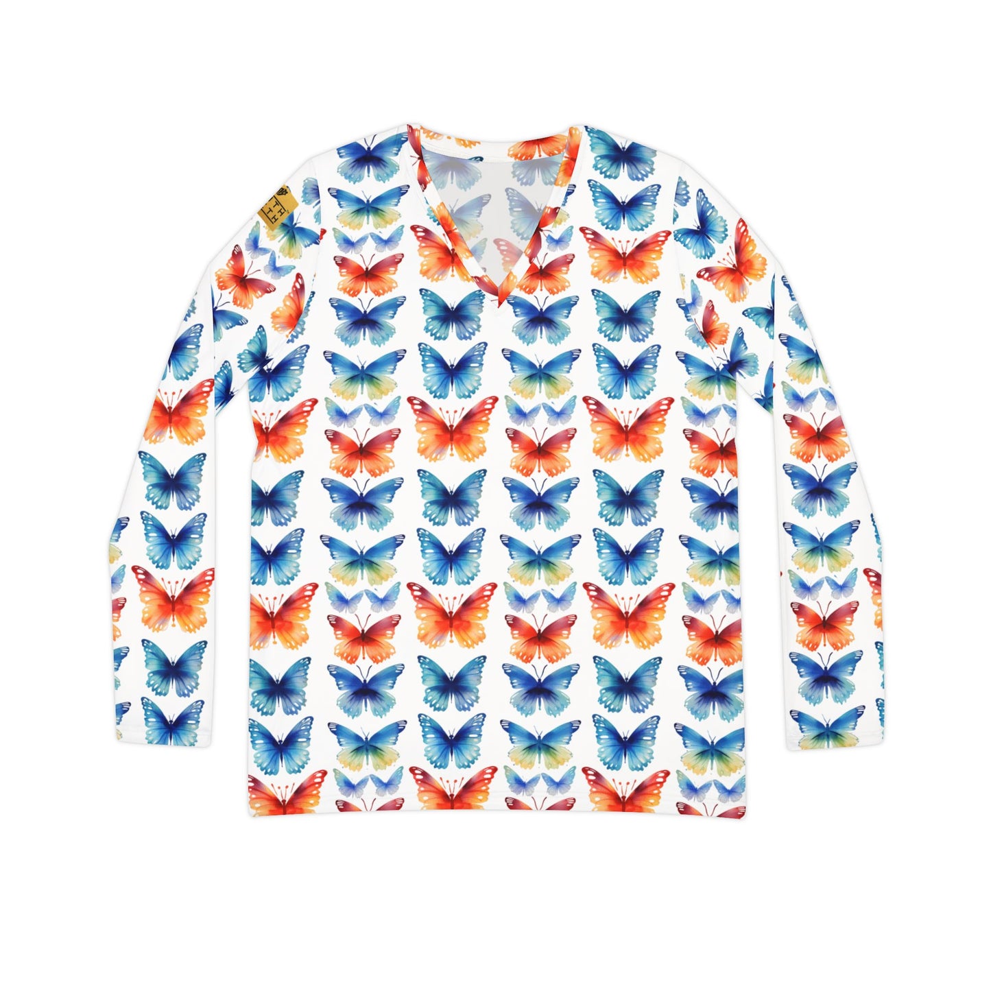 Butterfly Watercolor V-Neck Long Sleeve — Women's Floral Pattern Top | With PMF Truth + Faith logo on Right Sleeve | PeaceMonkFinds