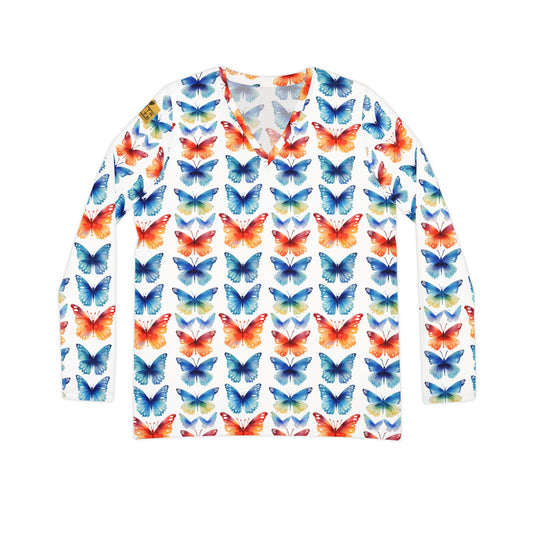 Butterfly Watercolor V-Neck Long Sleeve — Women's Floral Pattern Top | With PMF Truth + Faith logo on Right Sleeve | PeaceMonkFinds