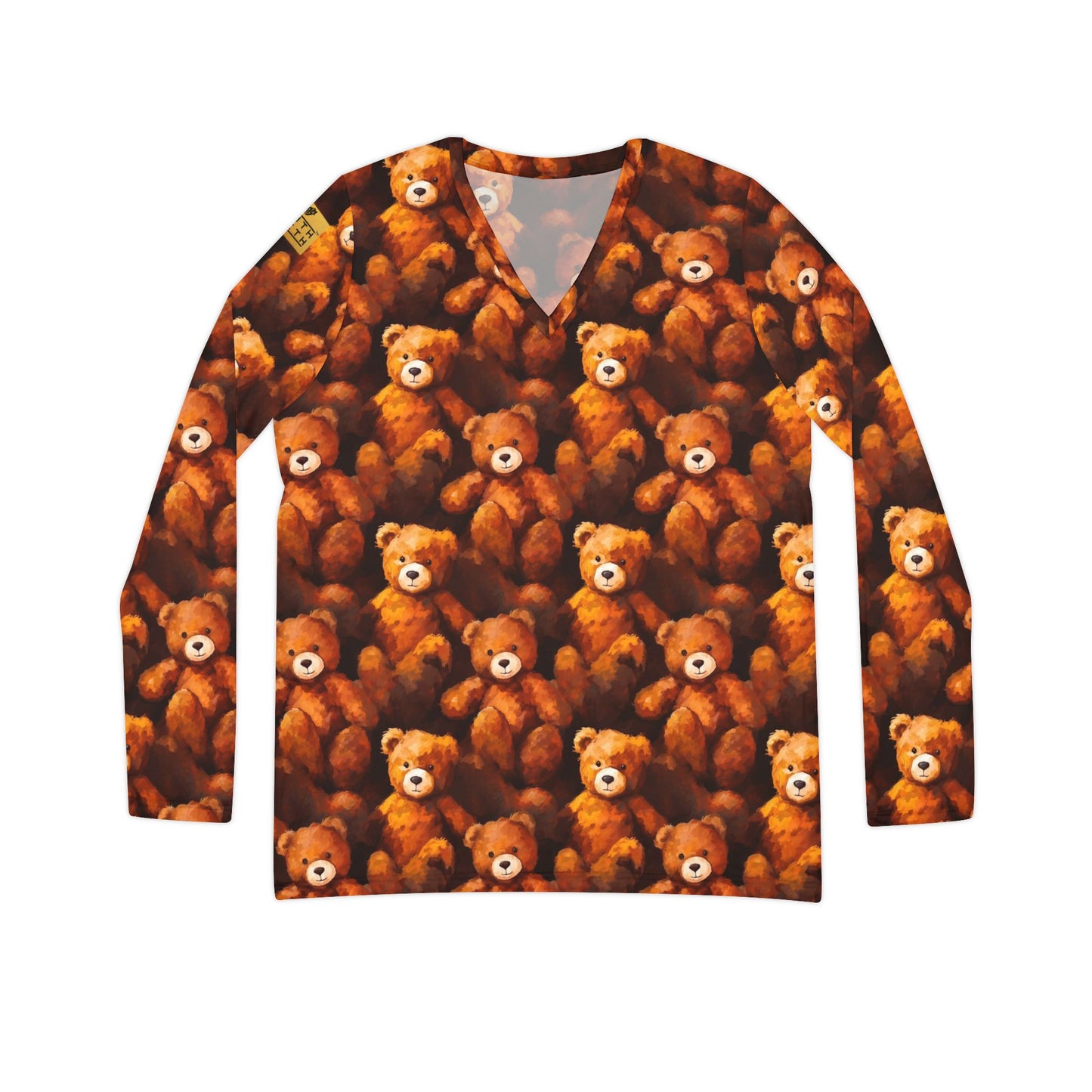 Teddy Bear Print V-Neck Long Sleeve Shirt | With PMF Truth + Faith logo on Right Sleeve | PeaceMonkFinds