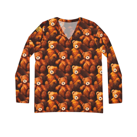 Teddy Bear Print V-Neck Long Sleeve Shirt | With PMF Truth + Faith logo on Right Sleeve | PeaceMonkFinds