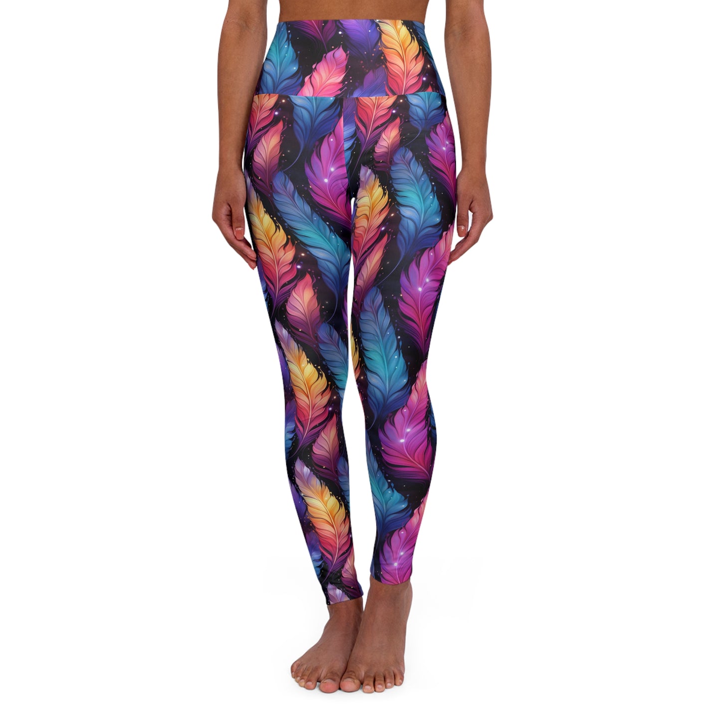 "U+I" High-Waisted Yoga Leggings — Colorful Feather All-Over Print | With PMF Truth + Faith logo on Right Sleeve | PeaceMonkFinds