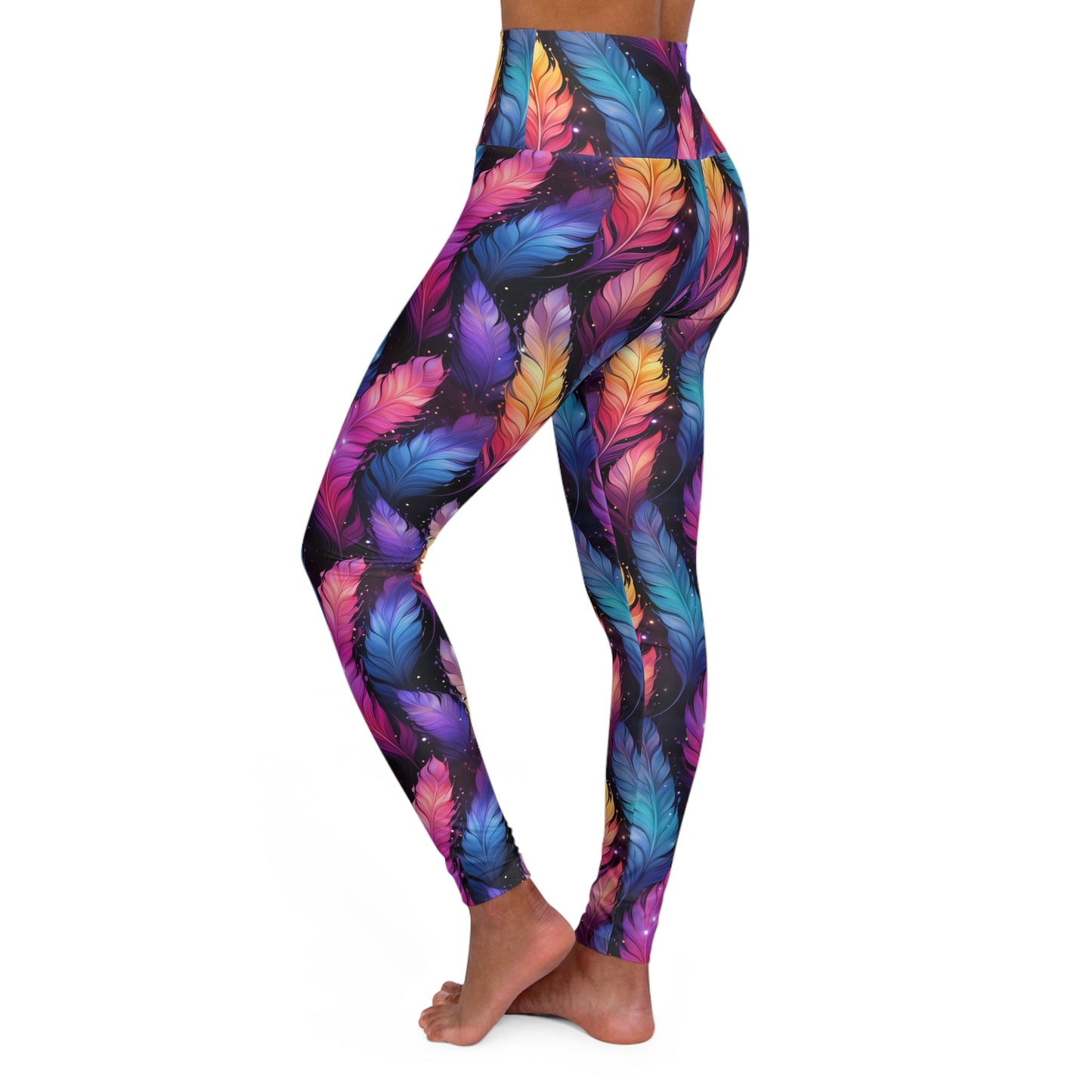 "U+I" High-Waisted Yoga Leggings — Colorful Feather All-Over Print | With PMF Truth + Faith logo on Right Sleeve | PeaceMonkFinds