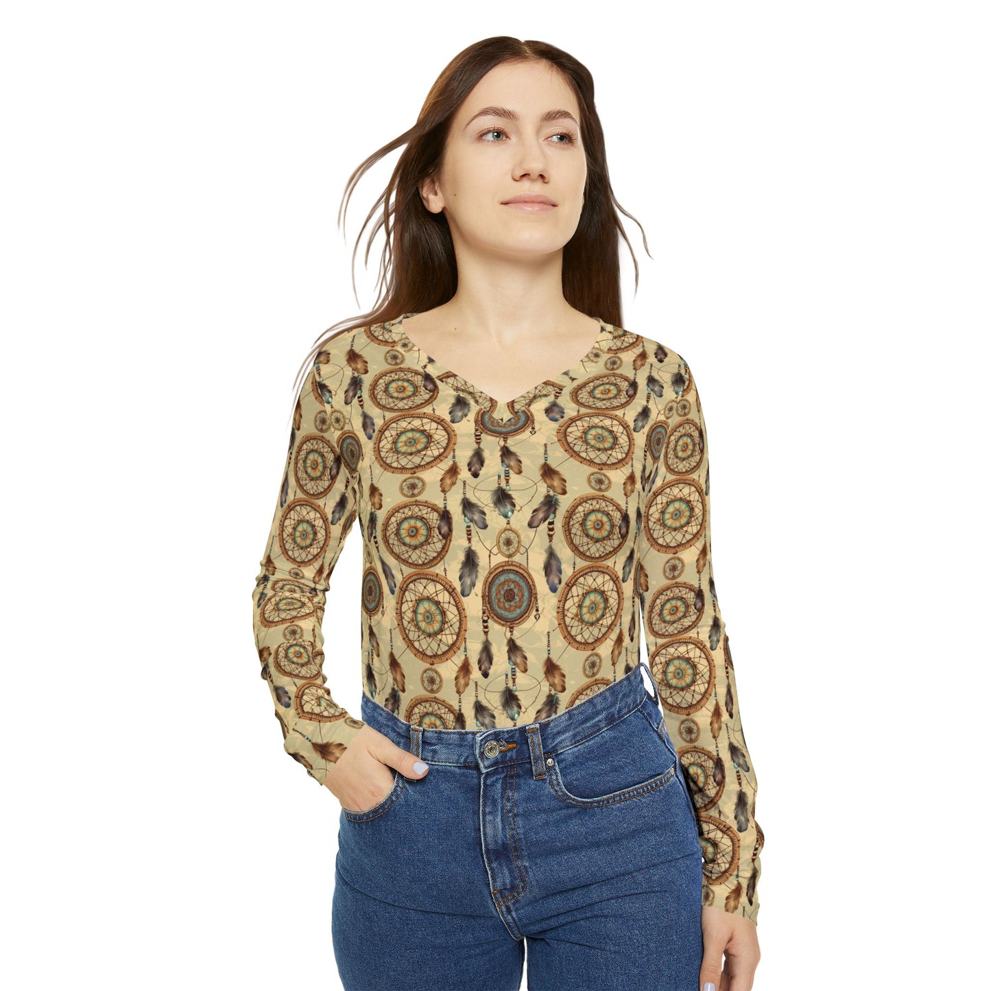 Dreamcatcher Pattern V-Neck Long Sleeve | With PMF Truth + Faith logo on Right Sleeve | PeaceMonkFinds