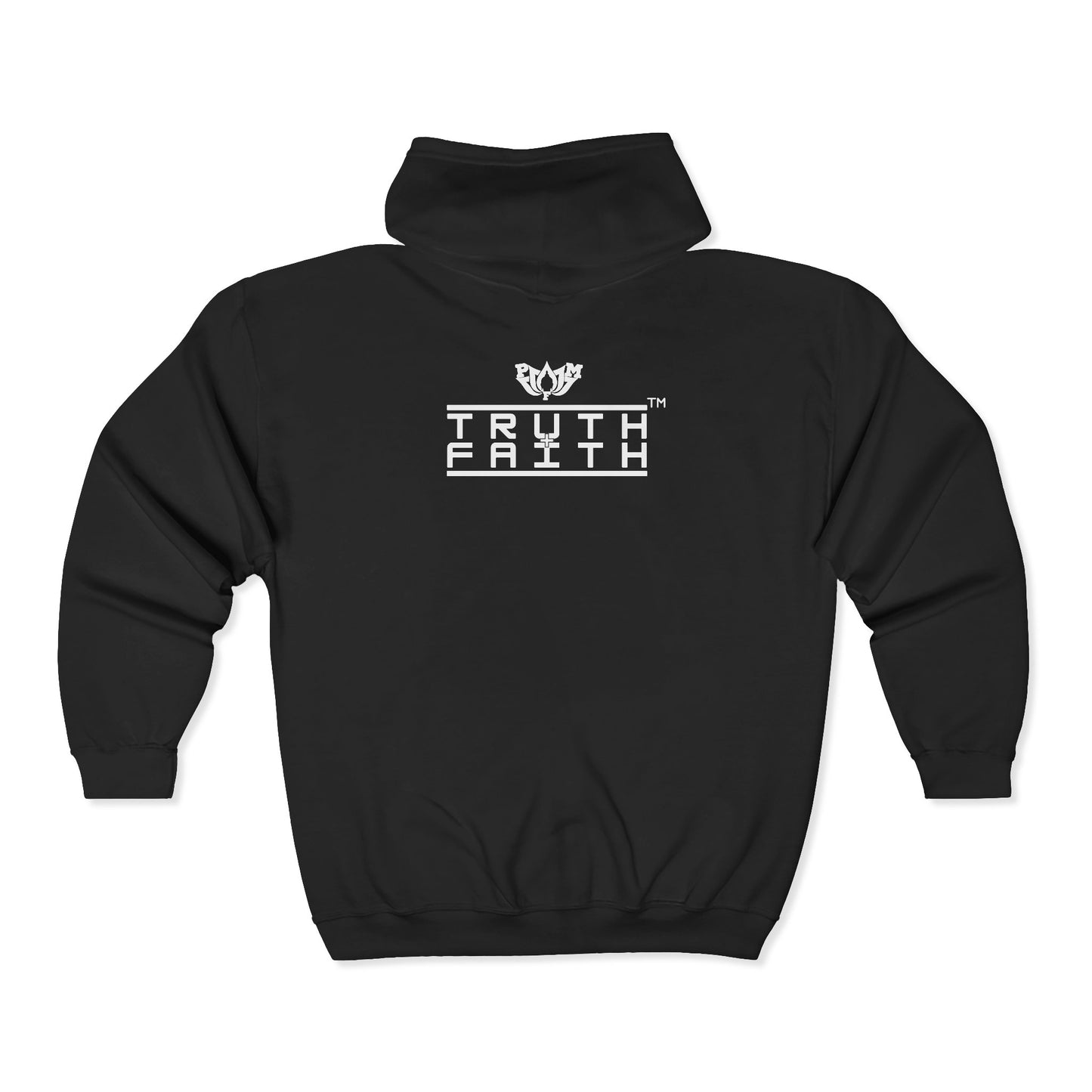 Full-Zip Hoodie with 'PMF Truth + Faith'  Logo — Black Zip-Up Sweatshirt