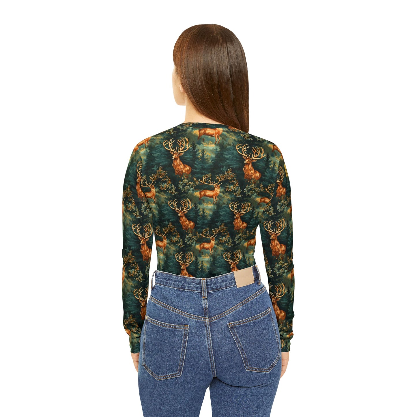 Women's V-Neck Long Sleeve Shirt – Forest Deer All-Over Print | With PMF Truth + Faith logo on Right Sleeve | PeaceMonkFinds