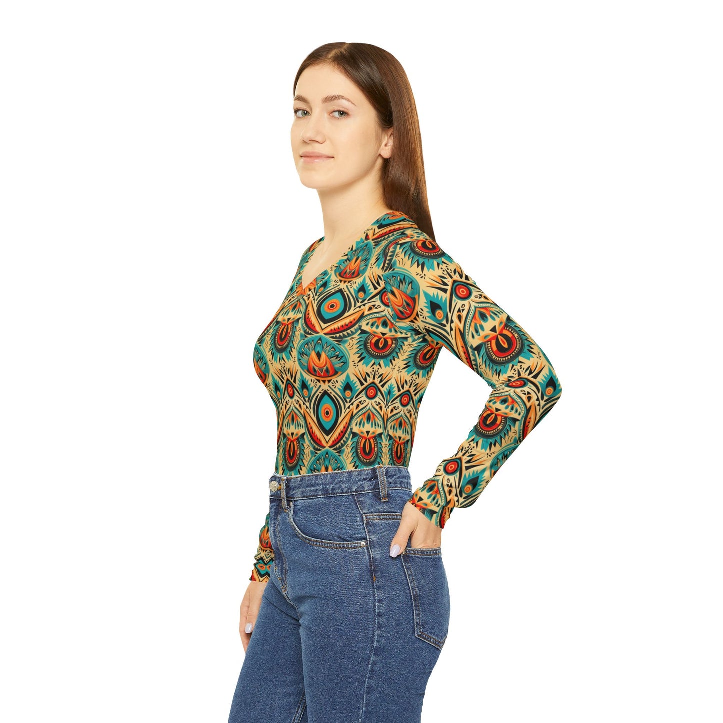 Boho Peacock Paisley V-Neck Long Sleeve | With PMF Truth + Faith logo on Right Sleeve