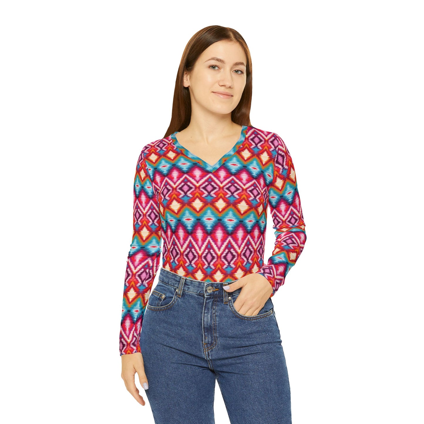 Women's V-Neck Long Sleeve Shirt — Vibrant Geometric Aztec All-Over Print | With PMF Truth + Faith logo on Right Sleeve | PeaceMonkFinds
