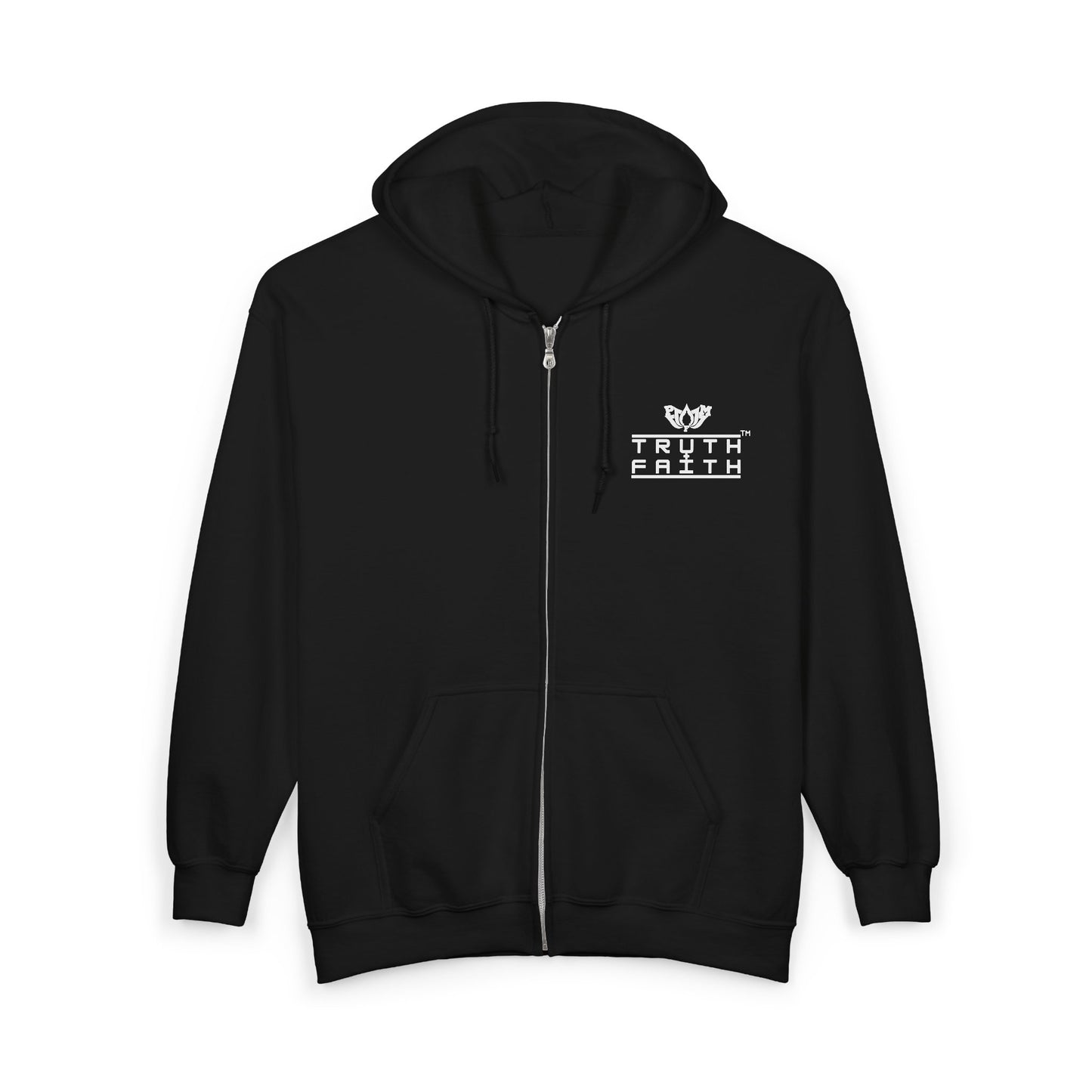 Full-Zip Hoodie with 'PMF Truth + Faith'  Logo — Black Zip-Up Sweatshirt
