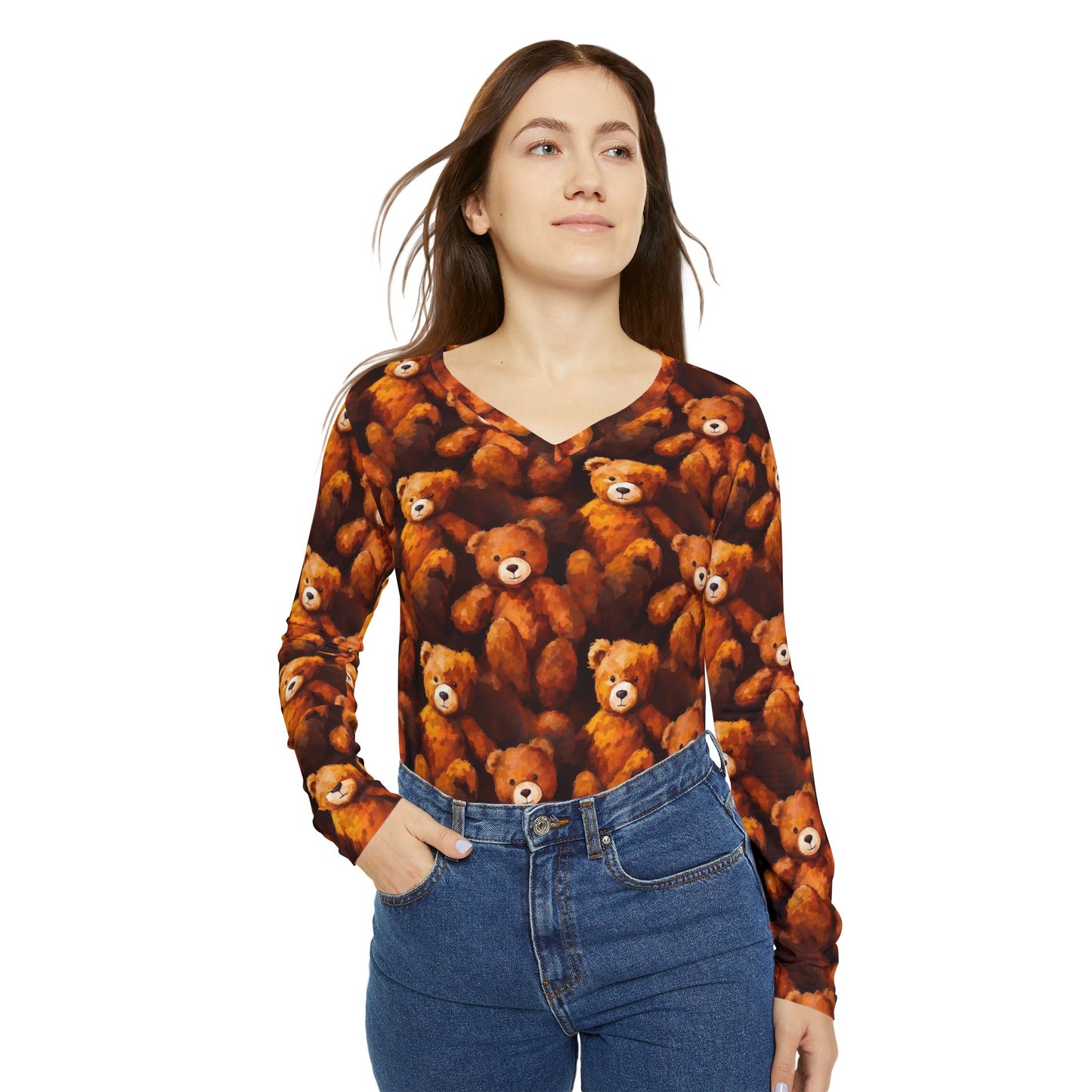 Teddy Bear Print V-Neck Long Sleeve Shirt | With PMF Truth + Faith logo on Right Sleeve | PeaceMonkFinds