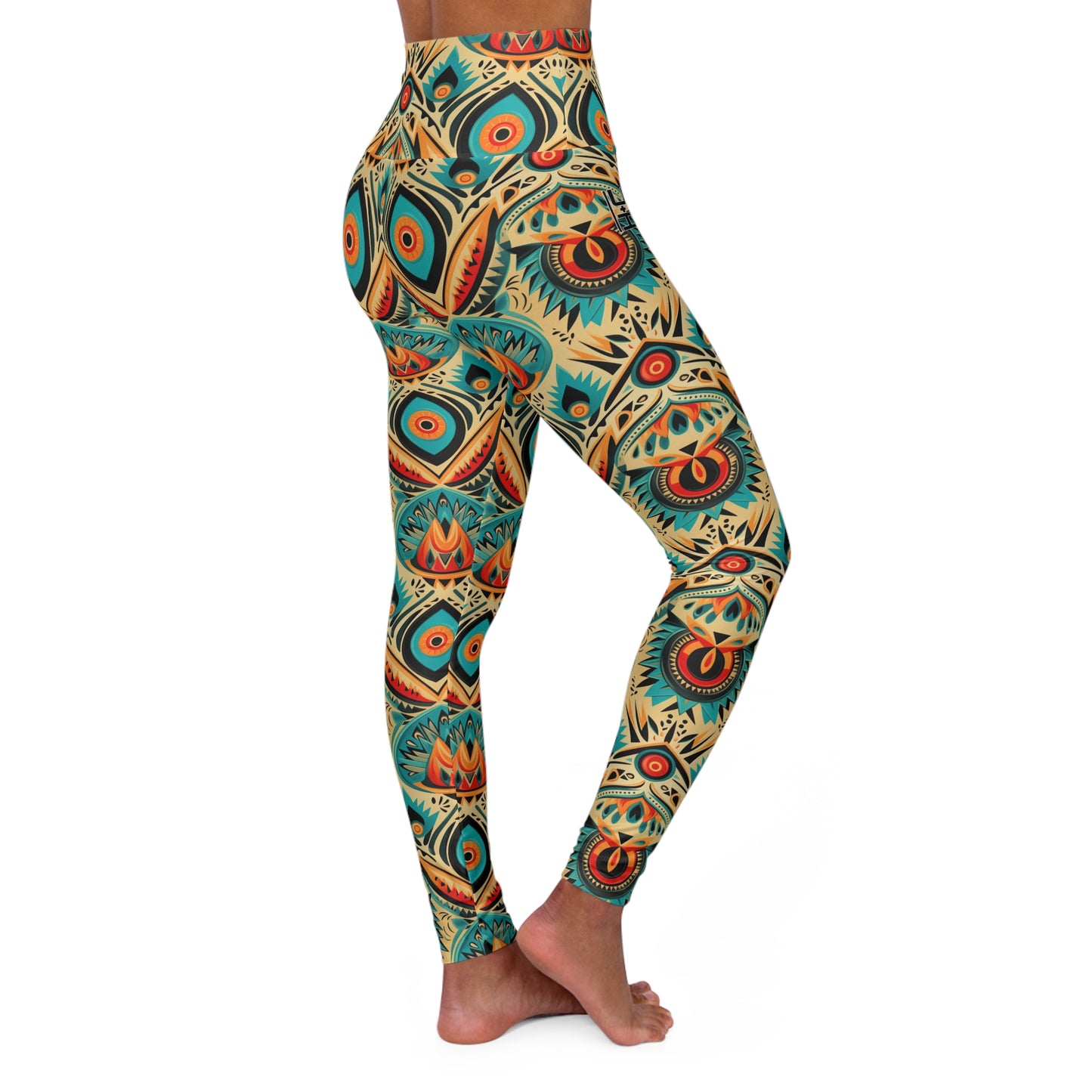 "U+I" High-Waist Kaleidoscope Yoga Leggings — Boho Peacock Feather Print | With PMF Truth + Faith logo on Right Sleeve | PeaceMonkFinds