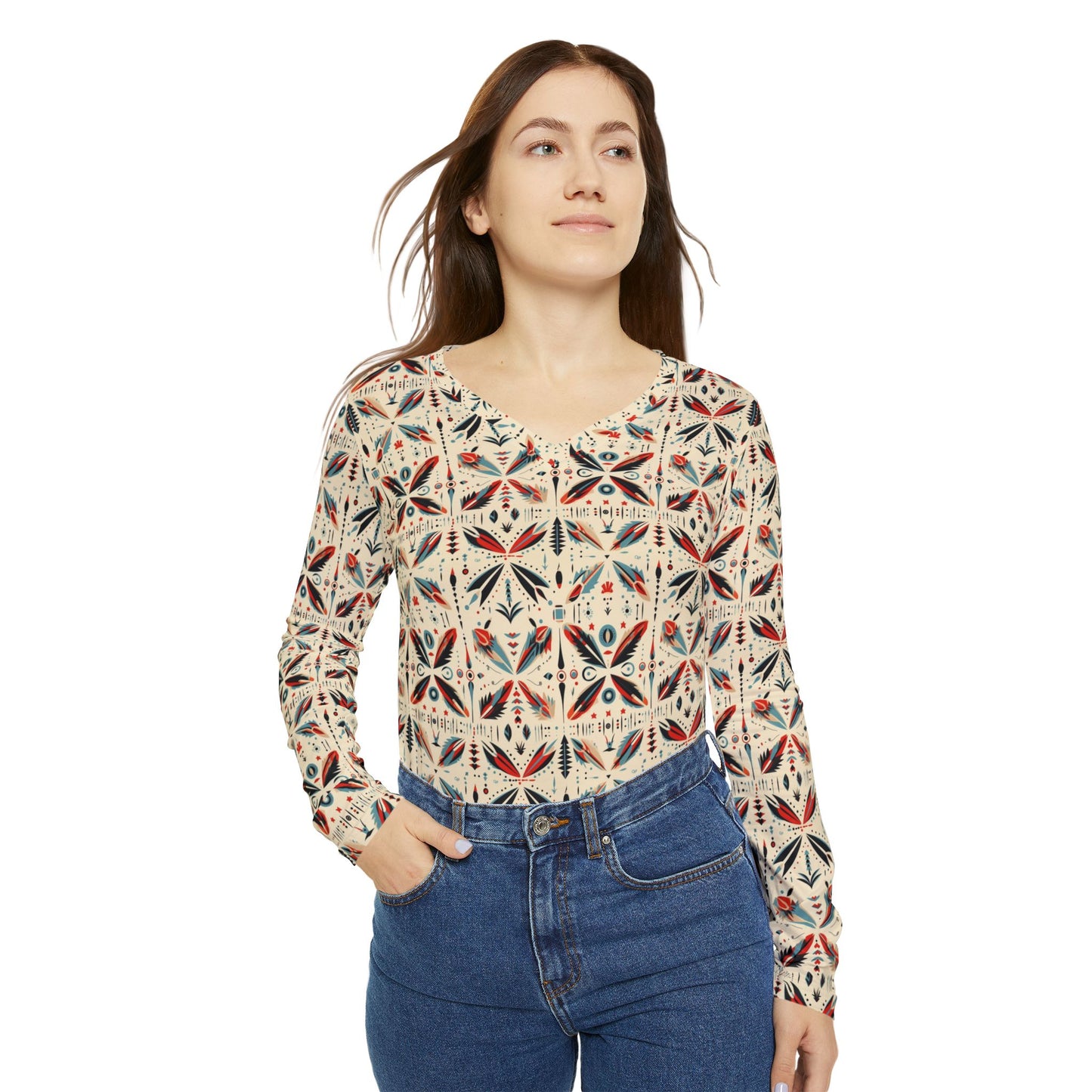Women's V-Neck Long Sleeve Shirt – Forest Deer All-Over Print