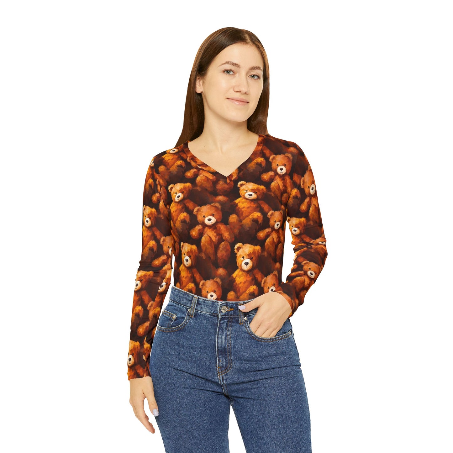 Teddy Bear Print V-Neck Long Sleeve Shirt | With PMF Truth + Faith logo on Right Sleeve | PeaceMonkFinds