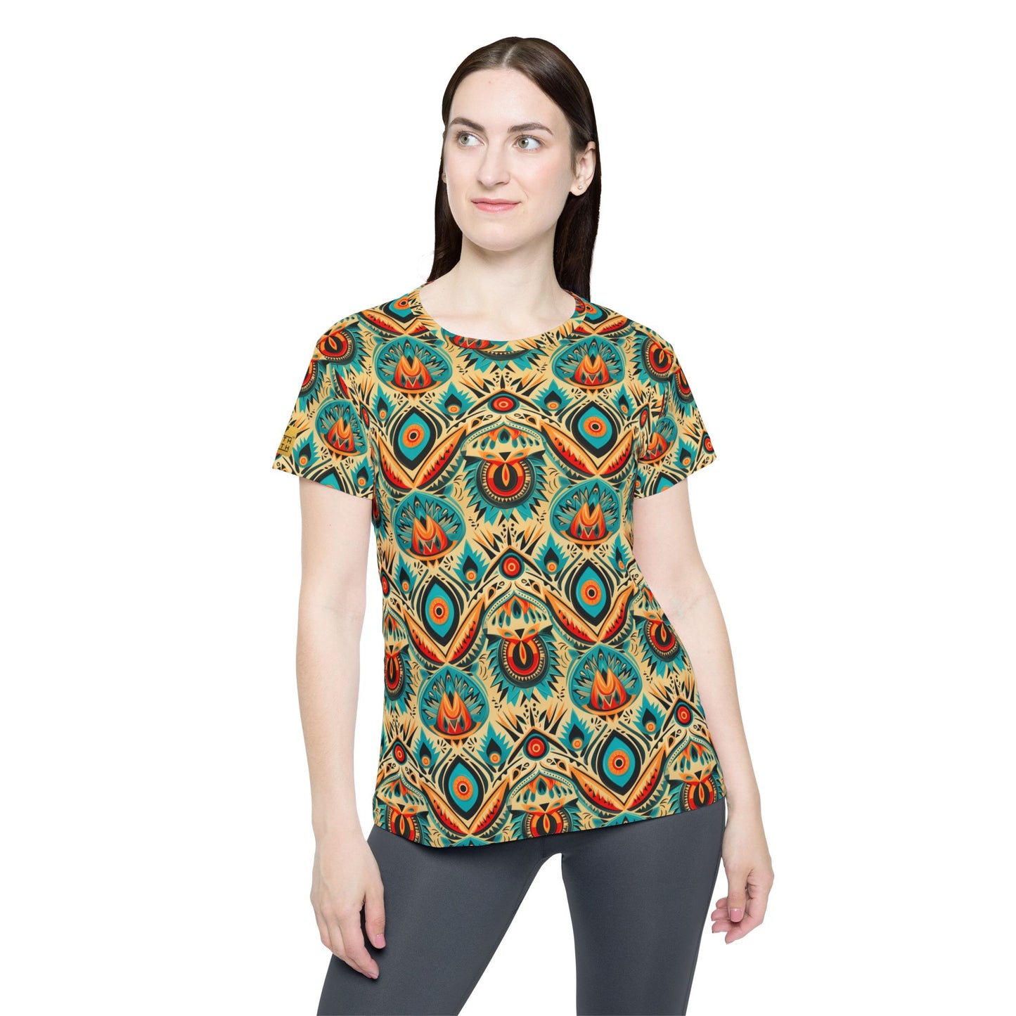 Women’s All-Over Print Jersey — Boho Peacock Feather Pattern Tee | With PMF Truth + Faith logo on Right Sleeve
