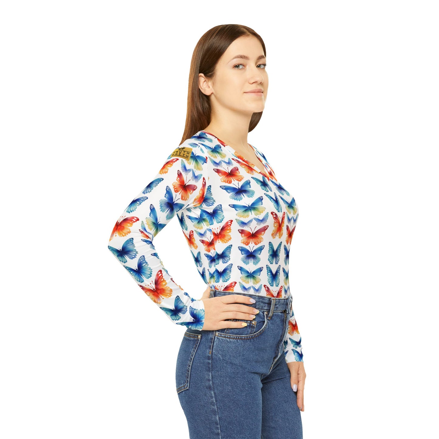 Butterfly Watercolor V-Neck Long Sleeve — Women's Floral Pattern Top | With PMF Truth + Faith logo on Right Sleeve | PeaceMonkFinds