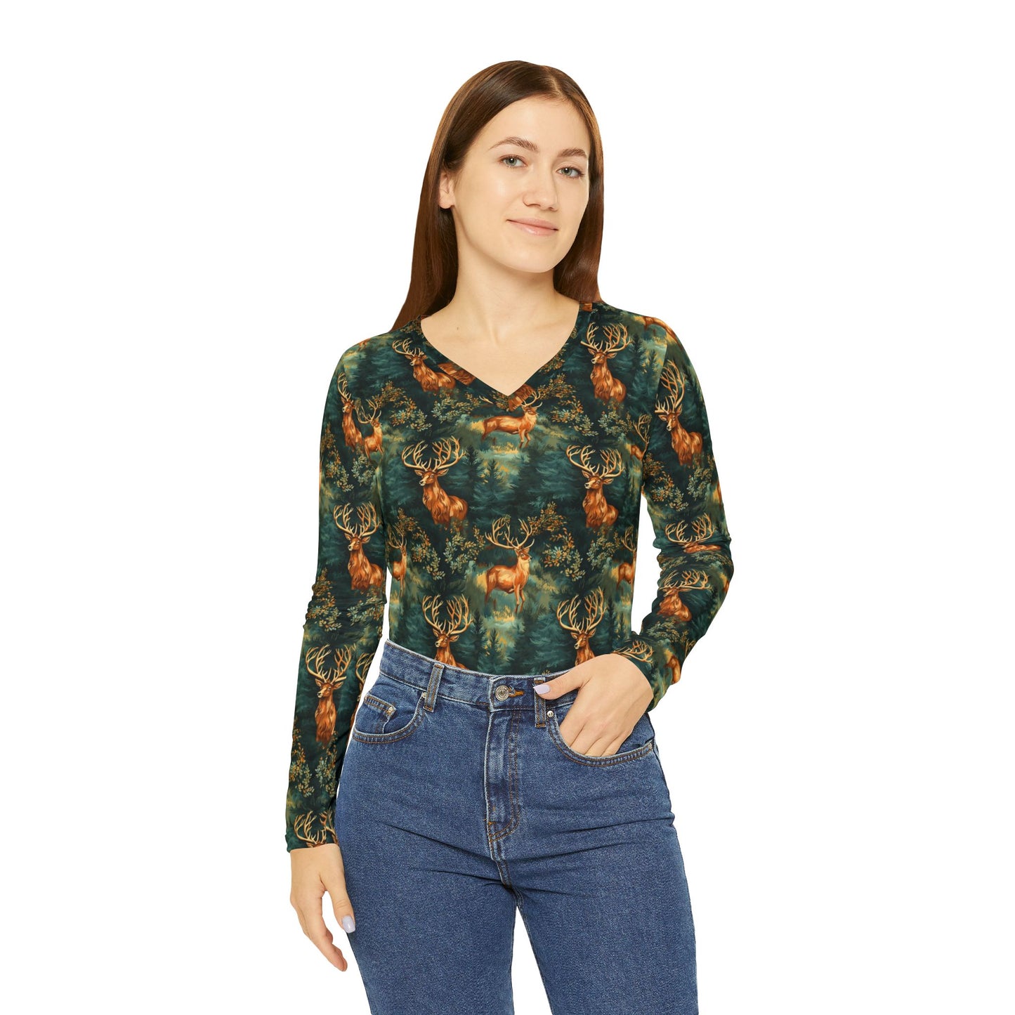 Women's V-Neck Long Sleeve Shirt – Forest Deer All-Over Print | With PMF Truth + Faith logo on Right Sleeve | PeaceMonkFinds