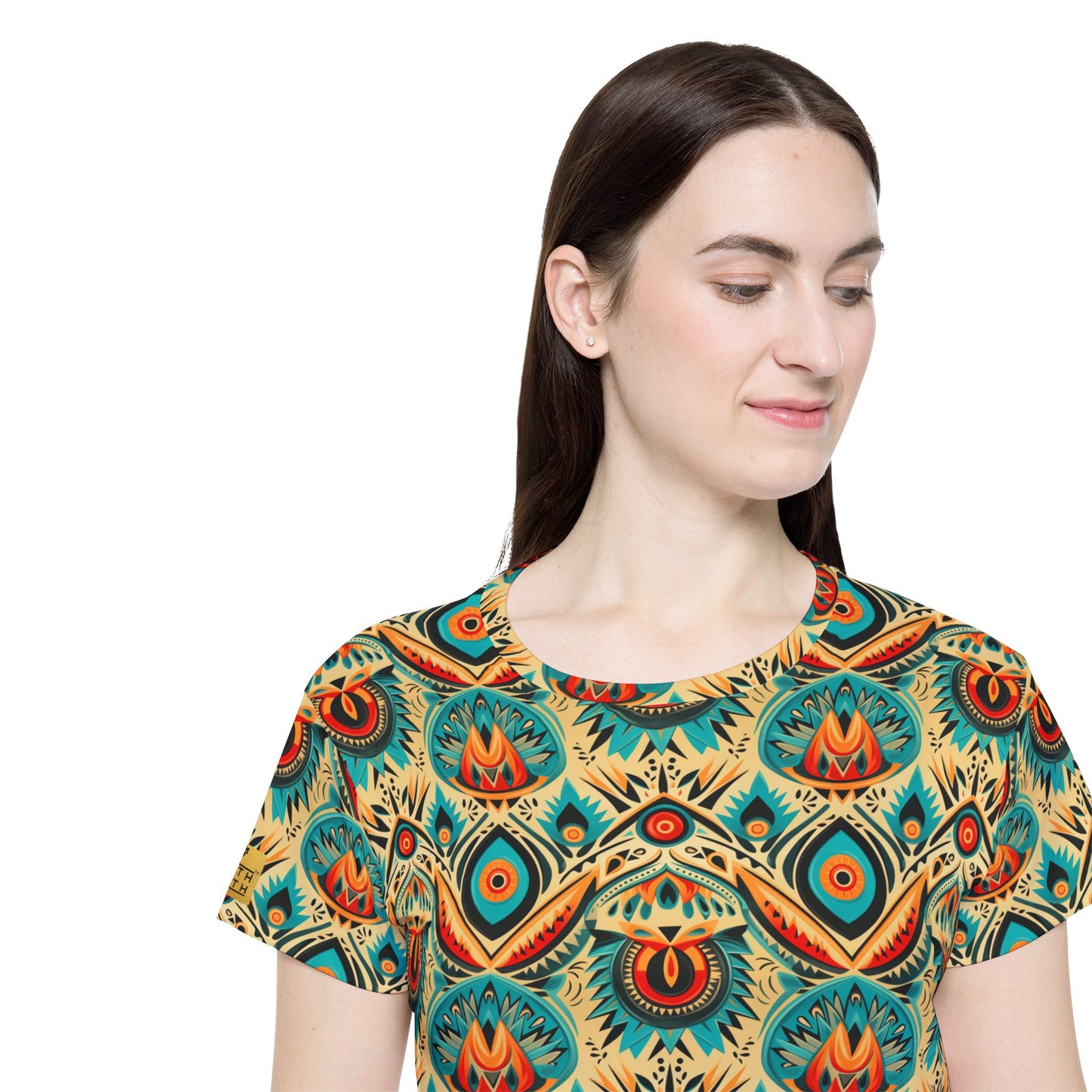 Women’s All-Over Print Jersey — Boho Peacock Feather Pattern Tee | With PMF Truth + Faith logo on Right Sleeve