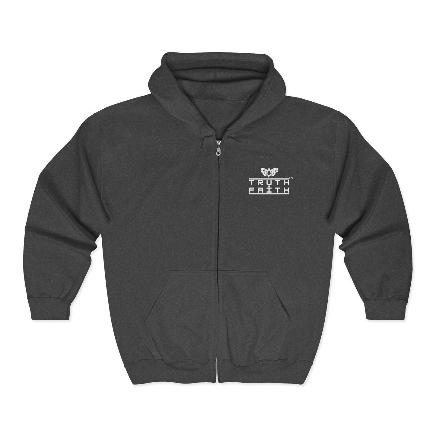 Full-Zip Hoodie with 'PMF Truth + Faith'  Logo — Black Zip-Up Sweatshirt