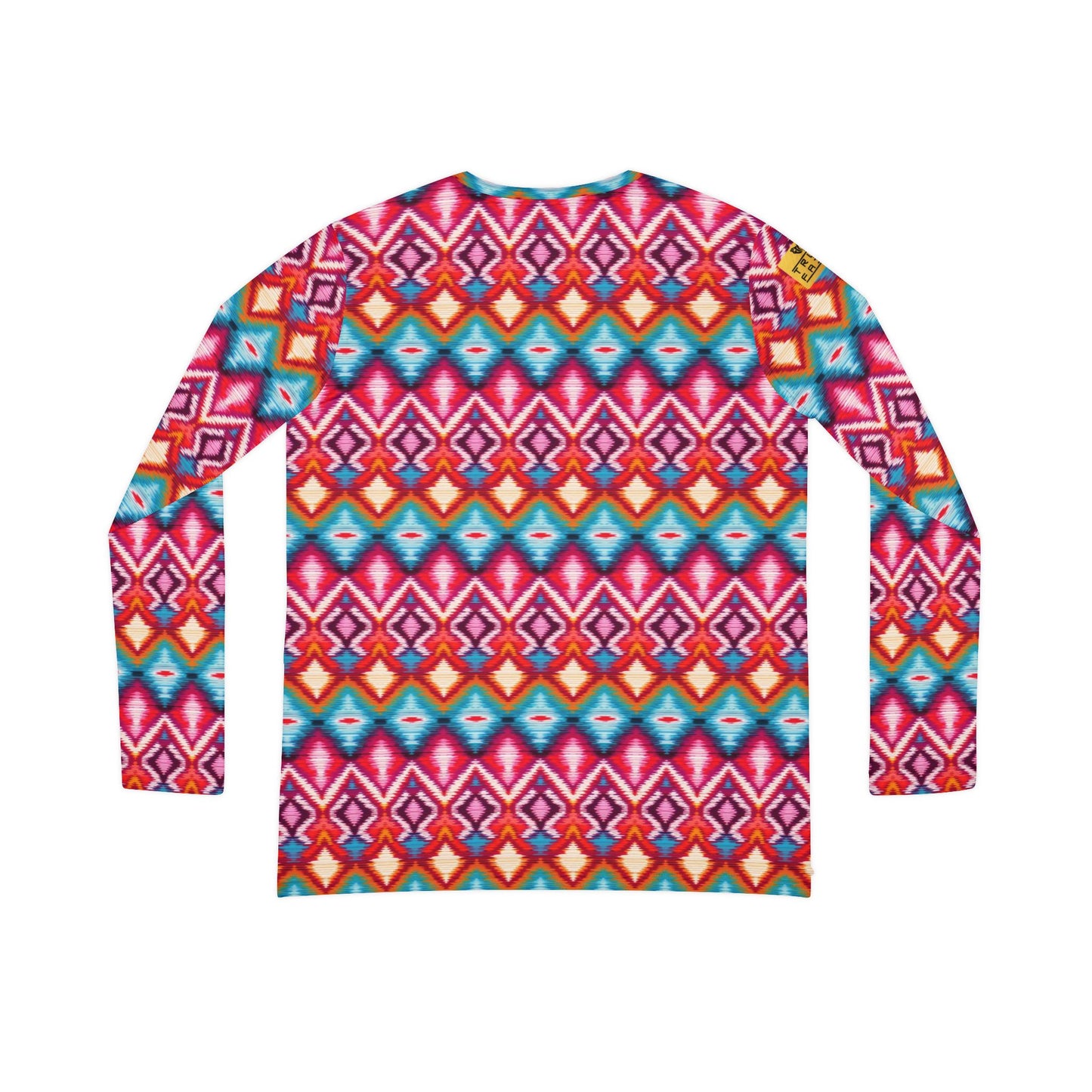 Women's V-Neck Long Sleeve Shirt — Vibrant Geometric Aztec All-Over Print | With PMF Truth + Faith logo on Right Sleeve | PeaceMonkFinds