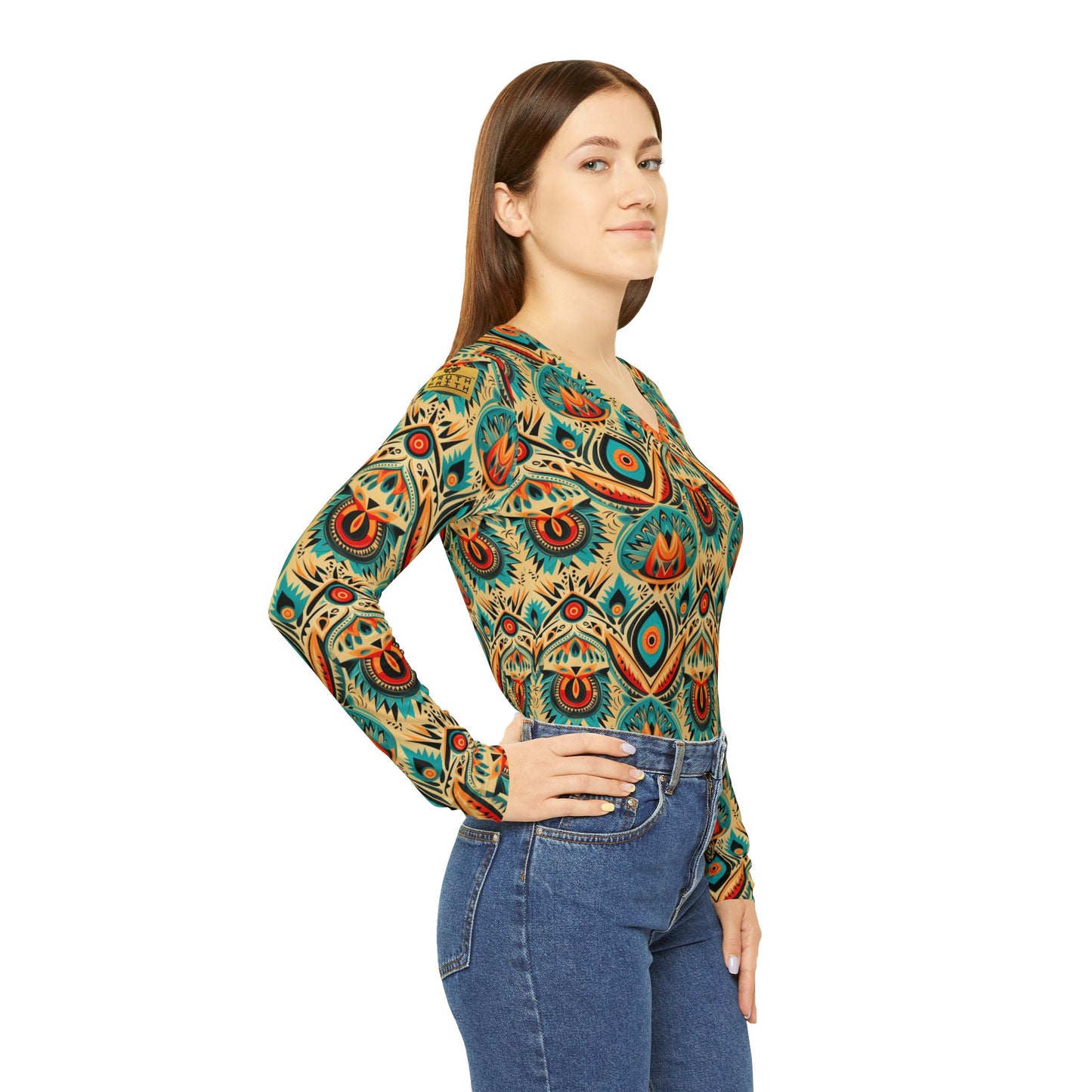 Boho Peacock Paisley V-Neck Long Sleeve | With PMF Truth + Faith logo on Right Sleeve