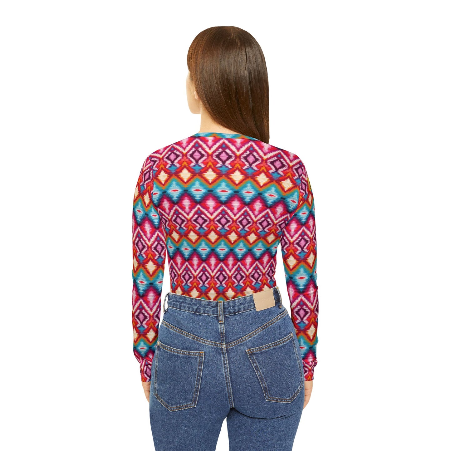 Women's V-Neck Long Sleeve Shirt — Vibrant Geometric Aztec All-Over Print | With PMF Truth + Faith logo on Right Sleeve | PeaceMonkFinds