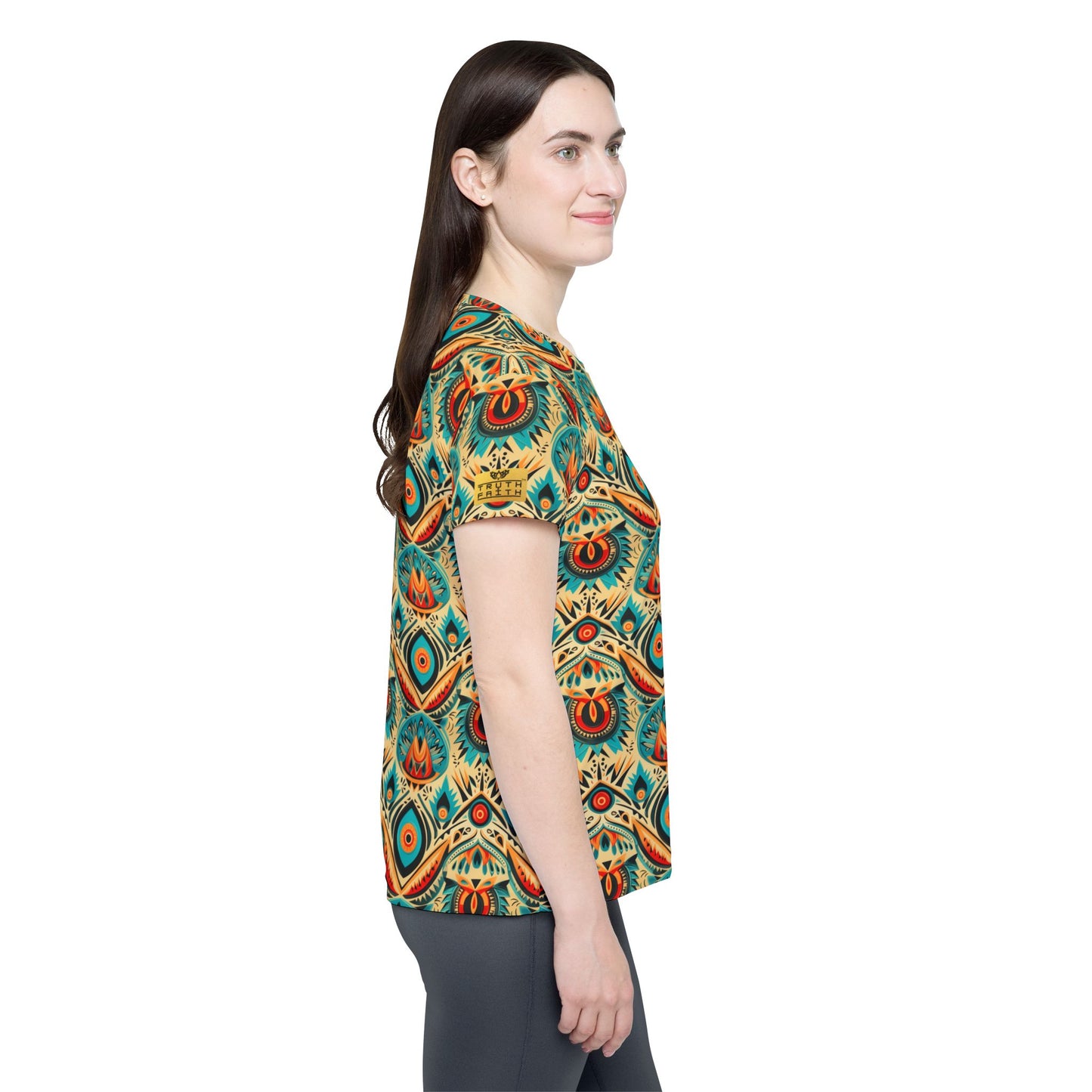 Women’s All-Over Print Jersey — Boho Peacock Feather Pattern Tee | With PMF Truth + Faith logo on Right Sleeve