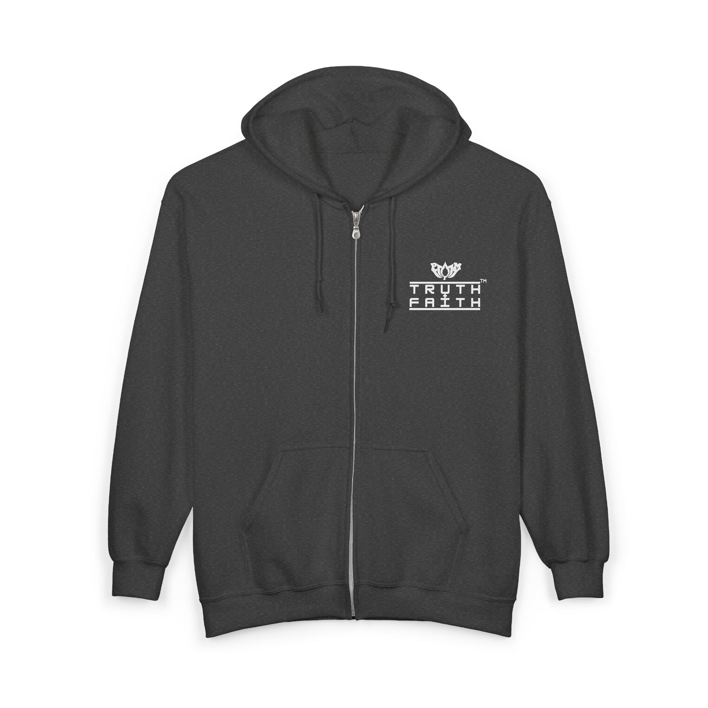 Full-Zip Hoodie with 'PMF Truth + Faith'  Logo — Black Zip-Up Sweatshirt
