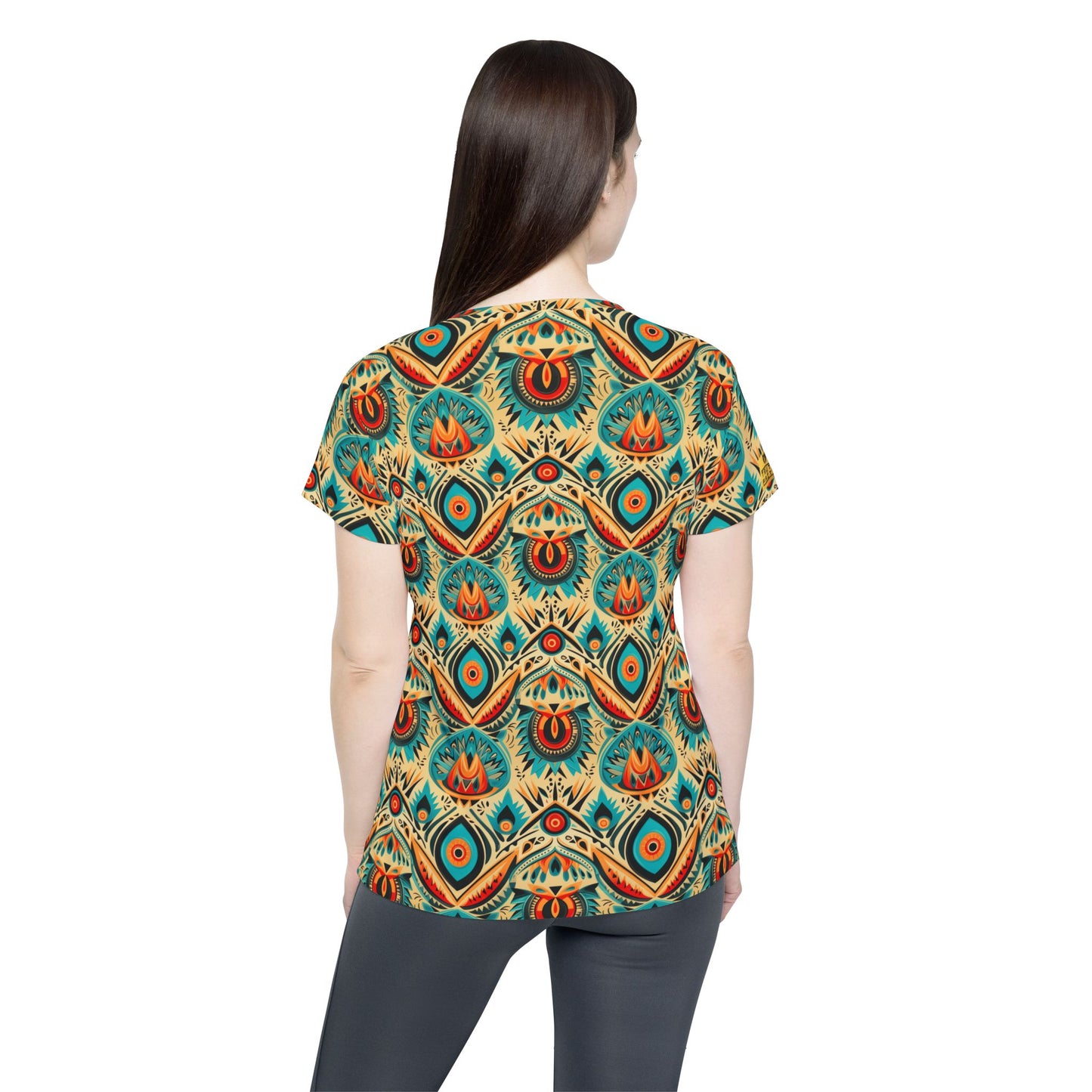 Women’s All-Over Print Jersey — Boho Peacock Feather Pattern Tee | With PMF Truth + Faith logo on Right Sleeve