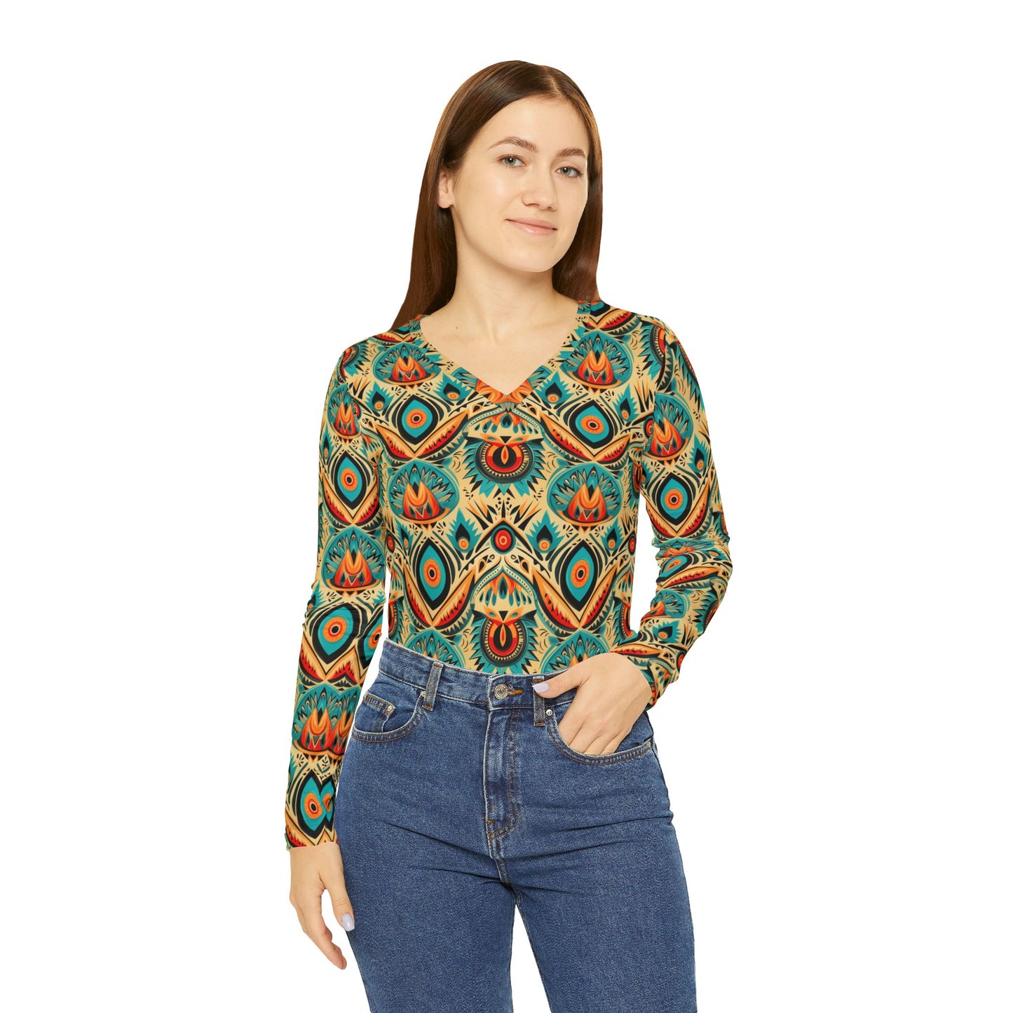 Boho Peacock Paisley V-Neck Long Sleeve | With PMF Truth + Faith logo on Right Sleeve