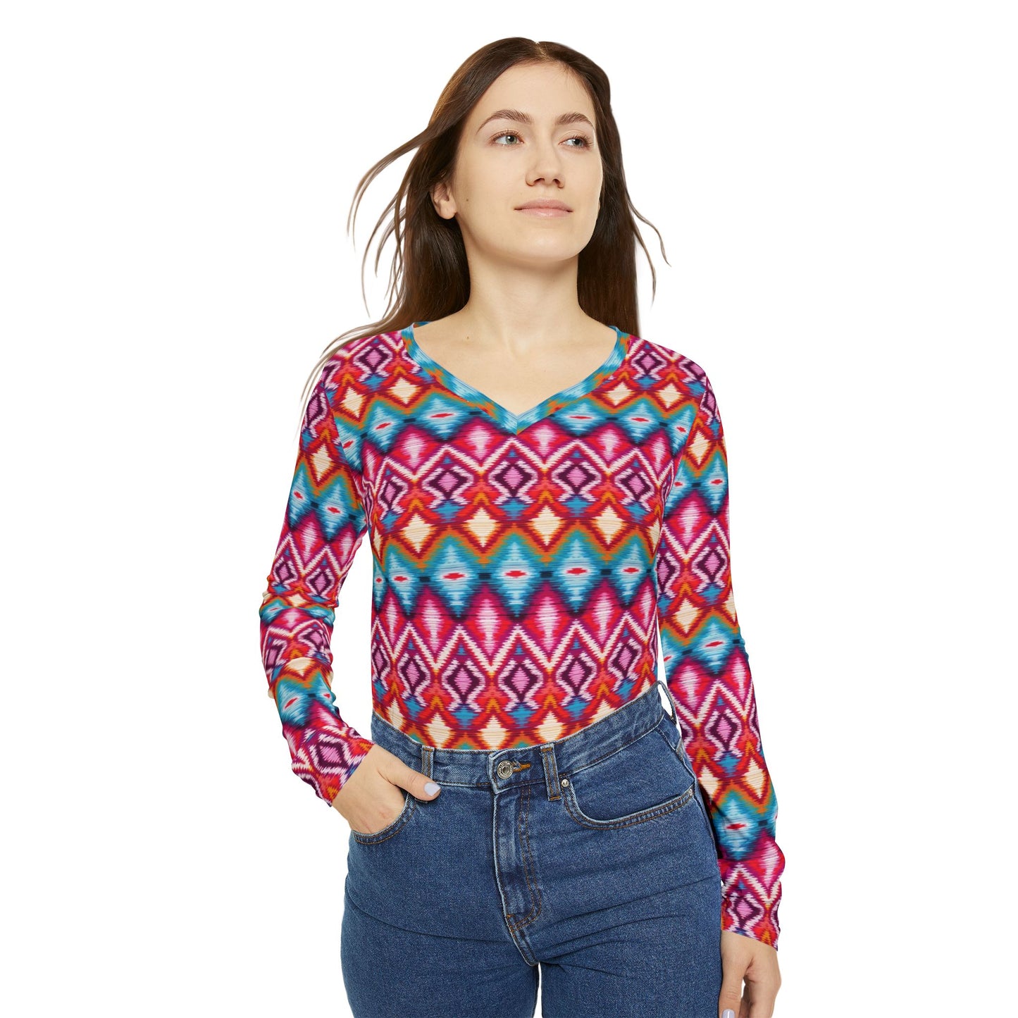 Women's V-Neck Long Sleeve Shirt — Vibrant Geometric Aztec All-Over Print | With PMF Truth + Faith logo on Right Sleeve | PeaceMonkFinds