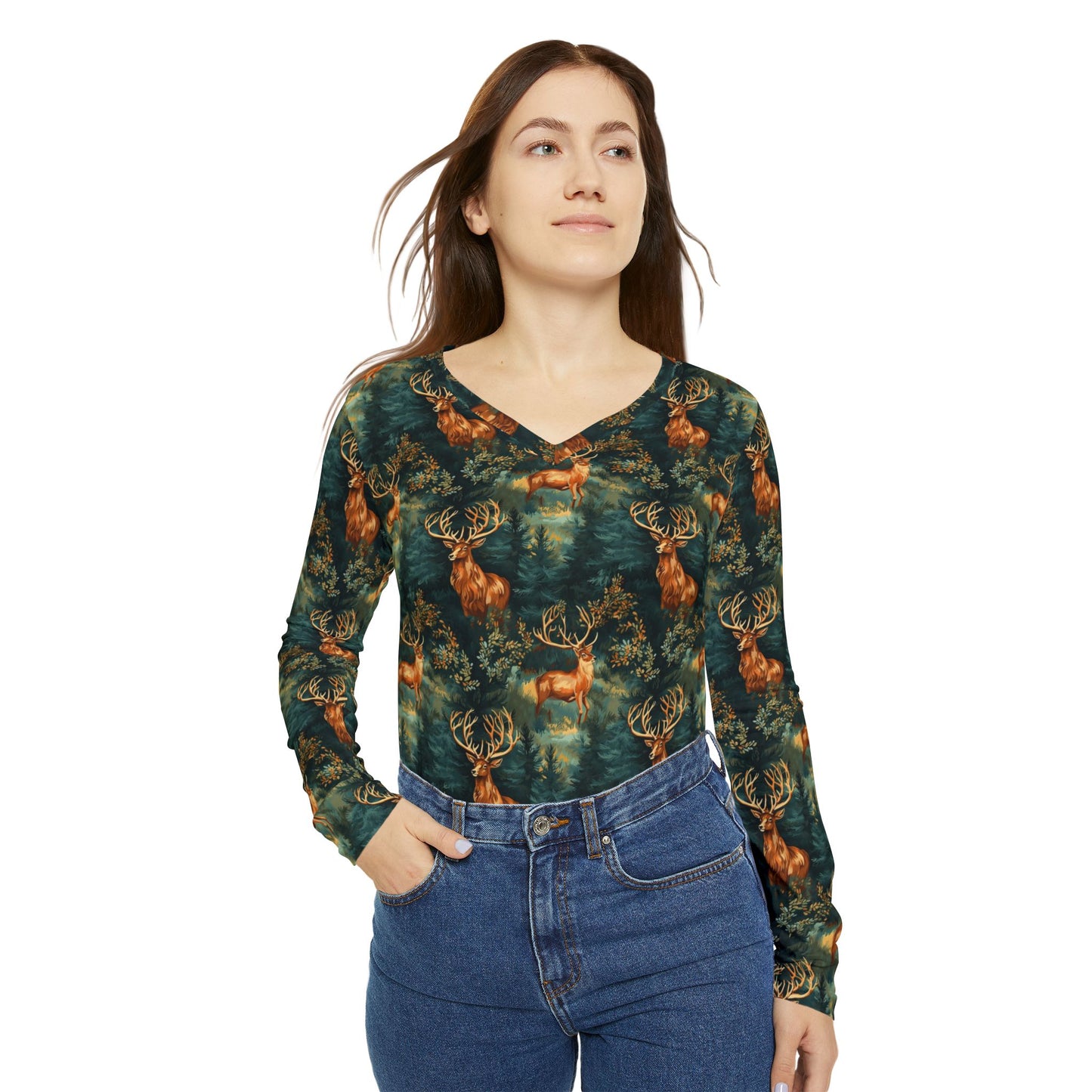 Women's V-Neck Long Sleeve Shirt – Forest Deer All-Over Print | With PMF Truth + Faith logo on Right Sleeve | PeaceMonkFinds