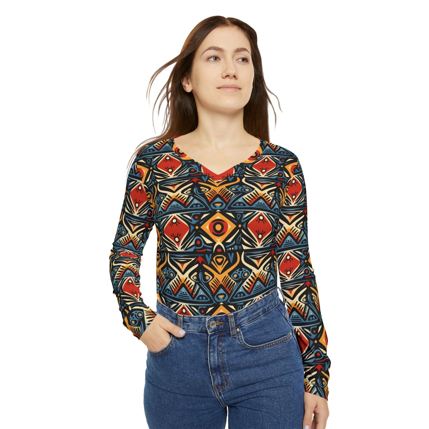 Tribal Geo Print Women's V-Neck Long Sleeve Shirt | With PMF Truth + Faith logo on Right Sleeve