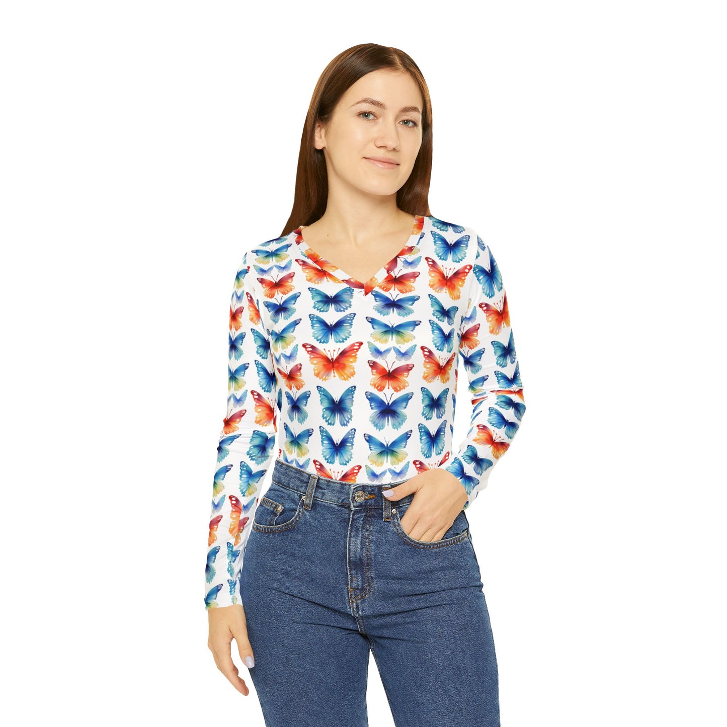 Butterfly Watercolor V-Neck Long Sleeve — Women's Floral Pattern Top | With PMF Truth + Faith logo on Right Sleeve | PeaceMonkFinds