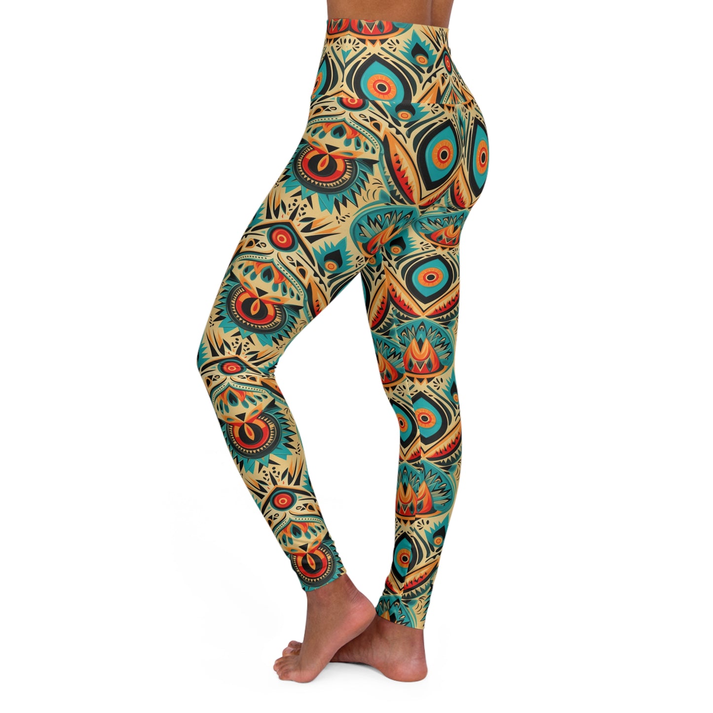 "U+I" High-Waist Kaleidoscope Yoga Leggings — Boho Peacock Feather Print | With PMF Truth + Faith logo on Right Sleeve | PeaceMonkFinds