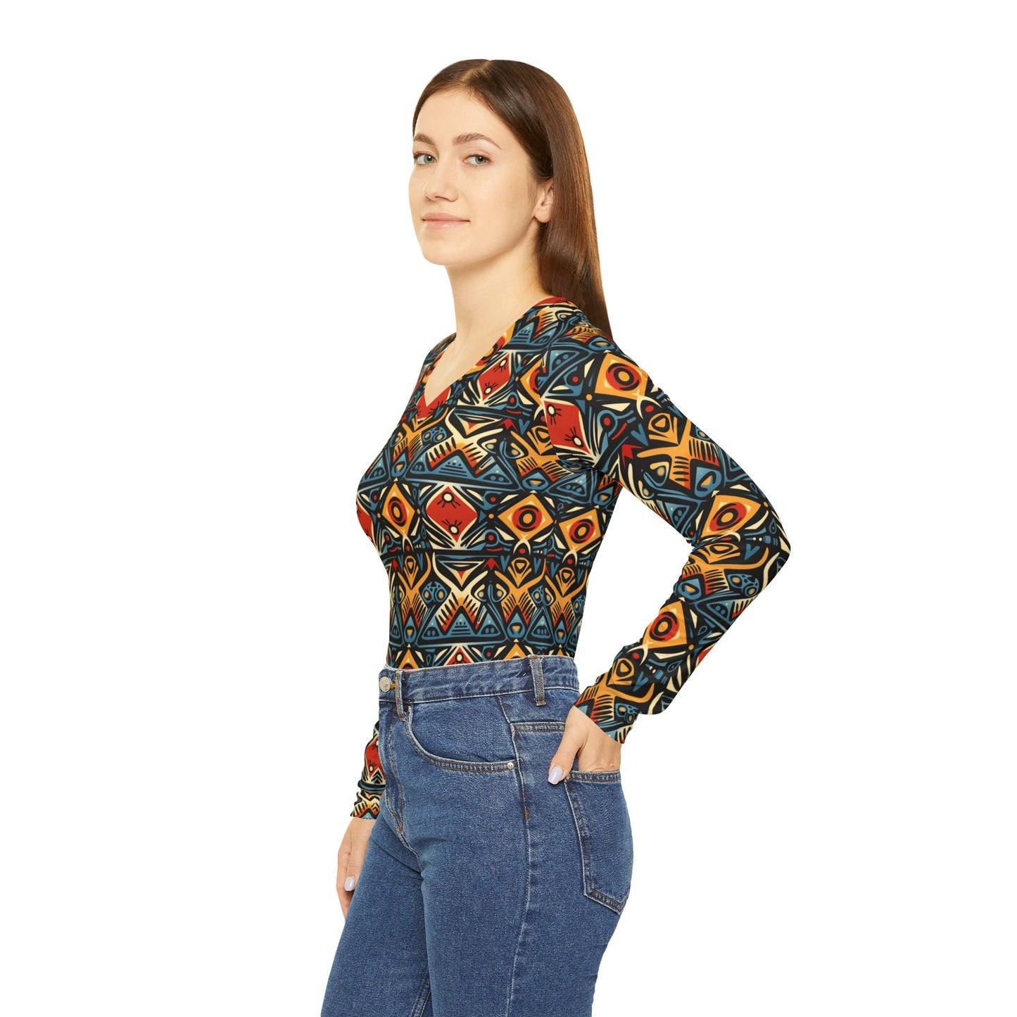 Tribal Geo Print Women's V-Neck Long Sleeve Shirt | With PMF Truth + Faith logo on Right Sleeve