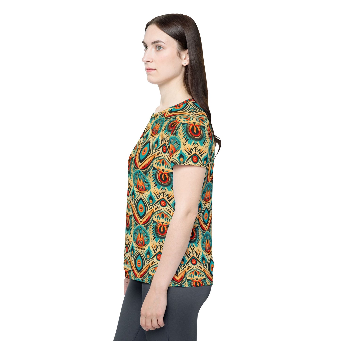 Women’s All-Over Print Jersey — Boho Peacock Feather Pattern Tee | With PMF Truth + Faith logo on Right Sleeve