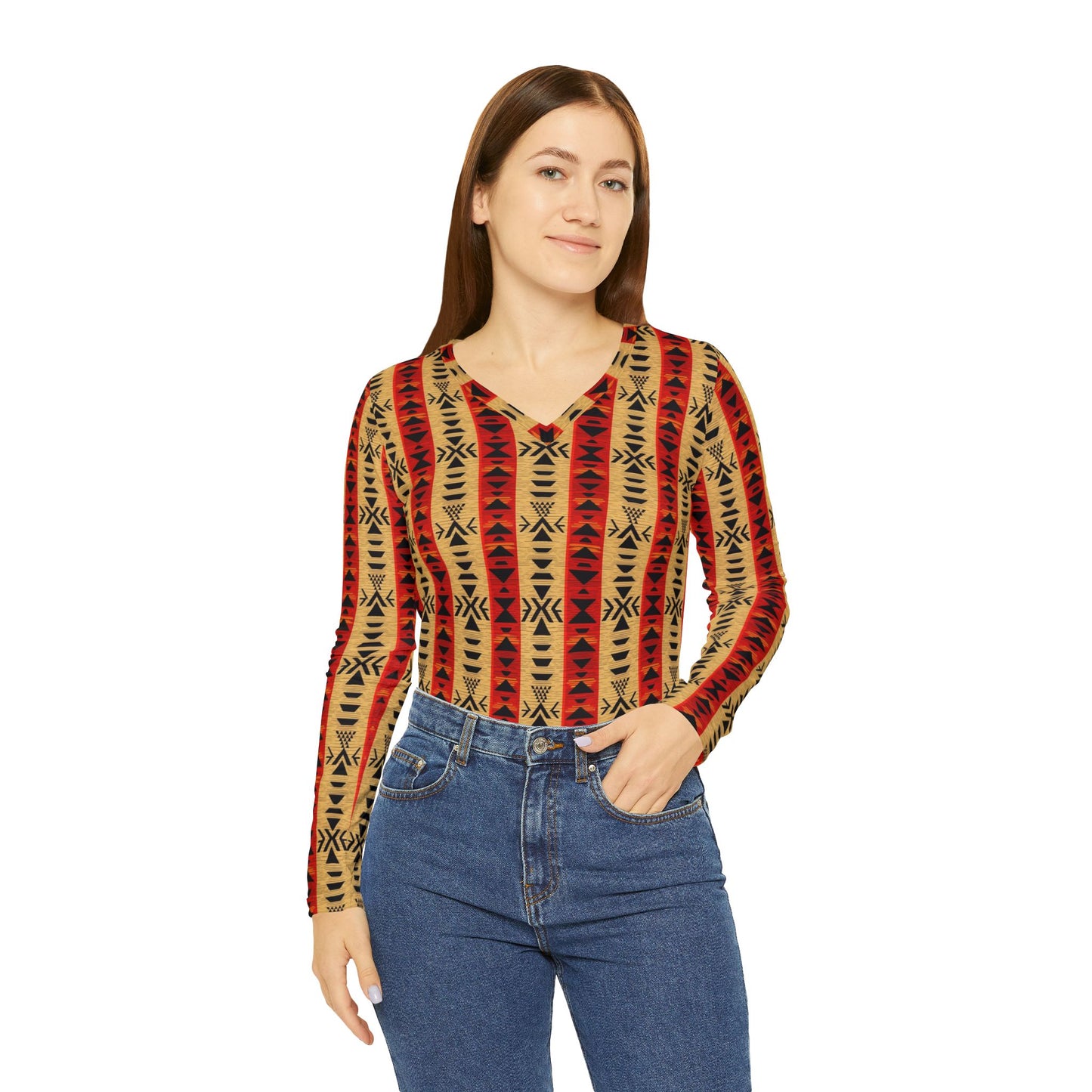 Aztec Stripe V-Neck Long Sleeve | With PMF Truth + Faith logo on Right Sleeve | PeaceMonkFinds