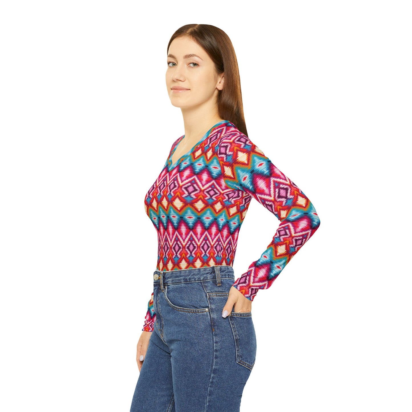 Women's V-Neck Long Sleeve Shirt — Vibrant Geometric Aztec All-Over Print | With PMF Truth + Faith logo on Right Sleeve | PeaceMonkFinds