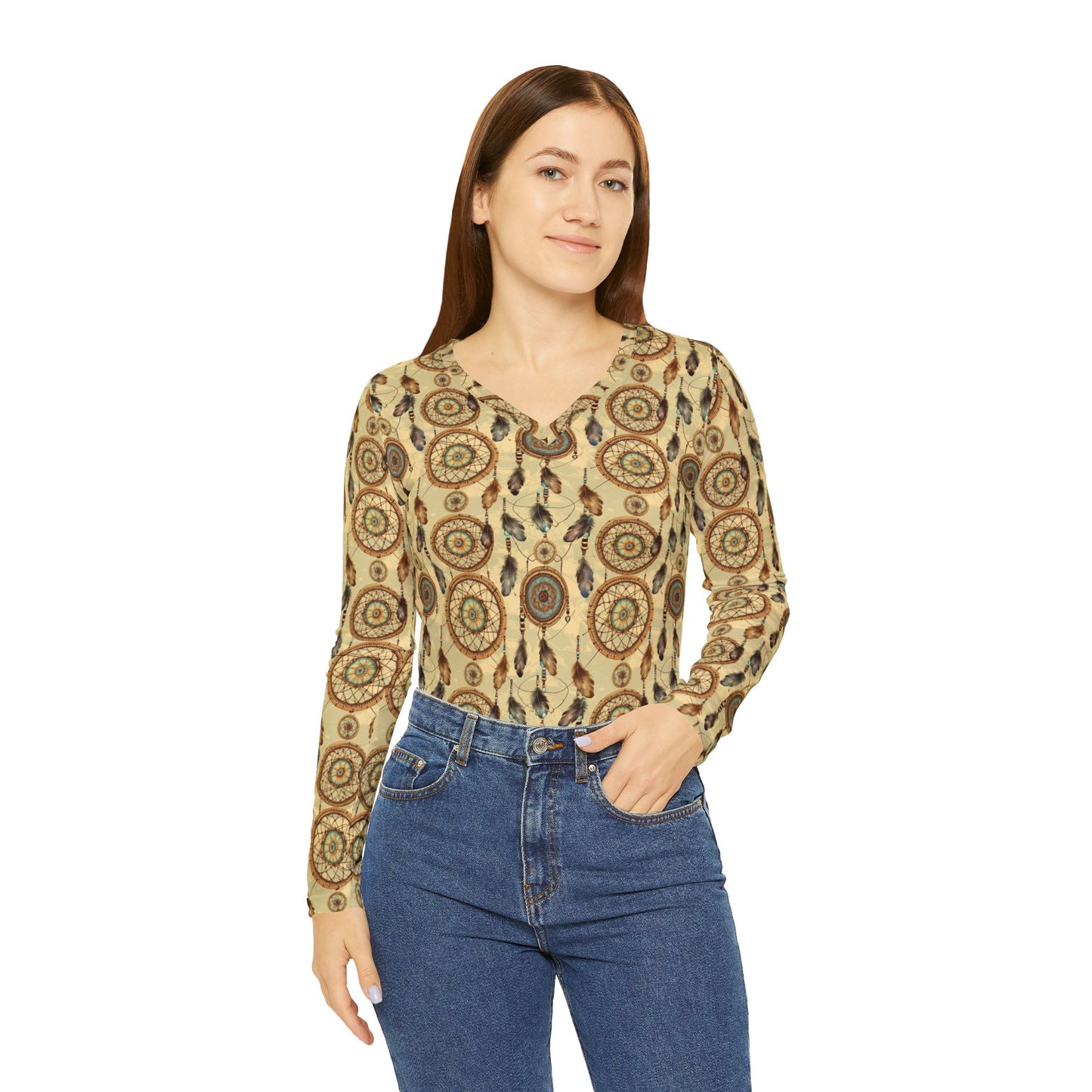 Dreamcatcher Pattern V-Neck Long Sleeve | With PMF Truth + Faith logo on Right Sleeve | PeaceMonkFinds