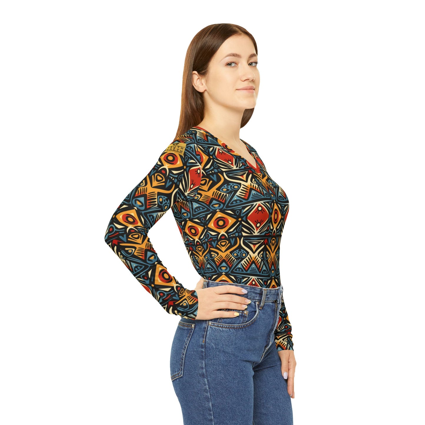 Tribal Geo Print Women's V-Neck Long Sleeve Shirt | With PMF Truth + Faith logo on Right Sleeve