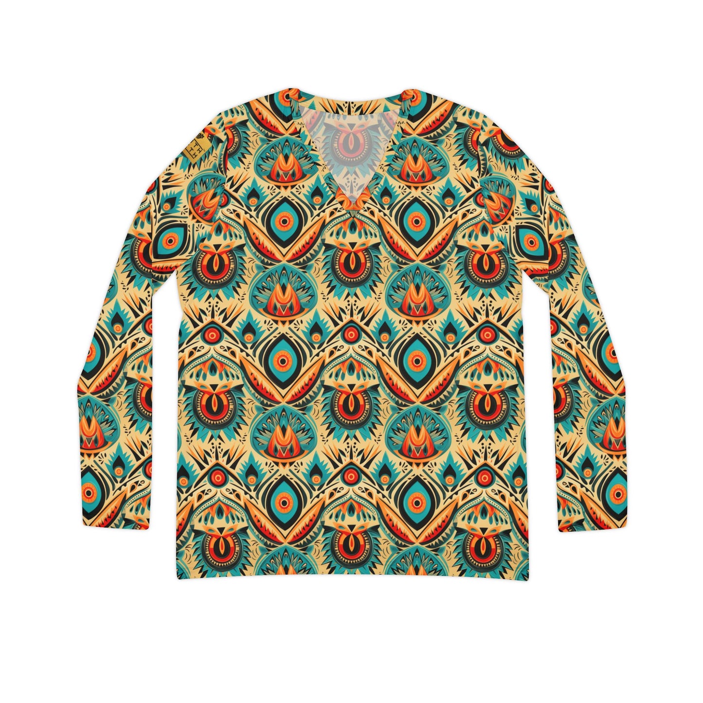 Boho Peacock Paisley V-Neck Long Sleeve | With PMF Truth + Faith logo on Right Sleeve