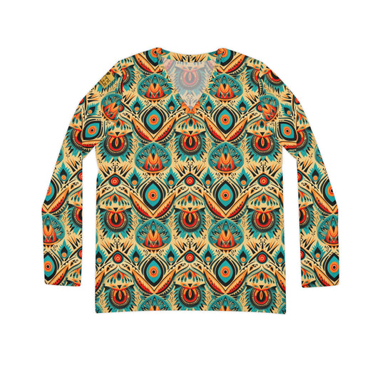 Boho Peacock Paisley V-Neck Long Sleeve | With PMF Truth + Faith logo on Right Sleeve