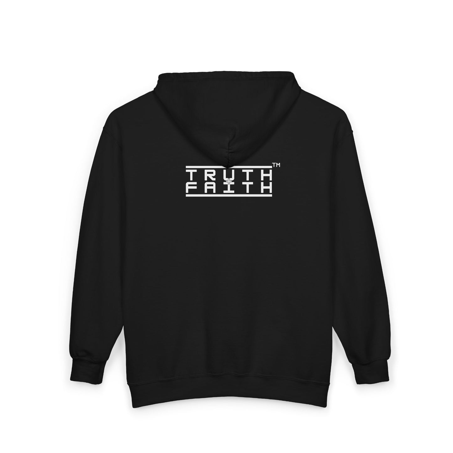 Full-Zip Hoodie with 'PMF Truth + Faith'  Logo — Black Zip-Up Sweatshirt